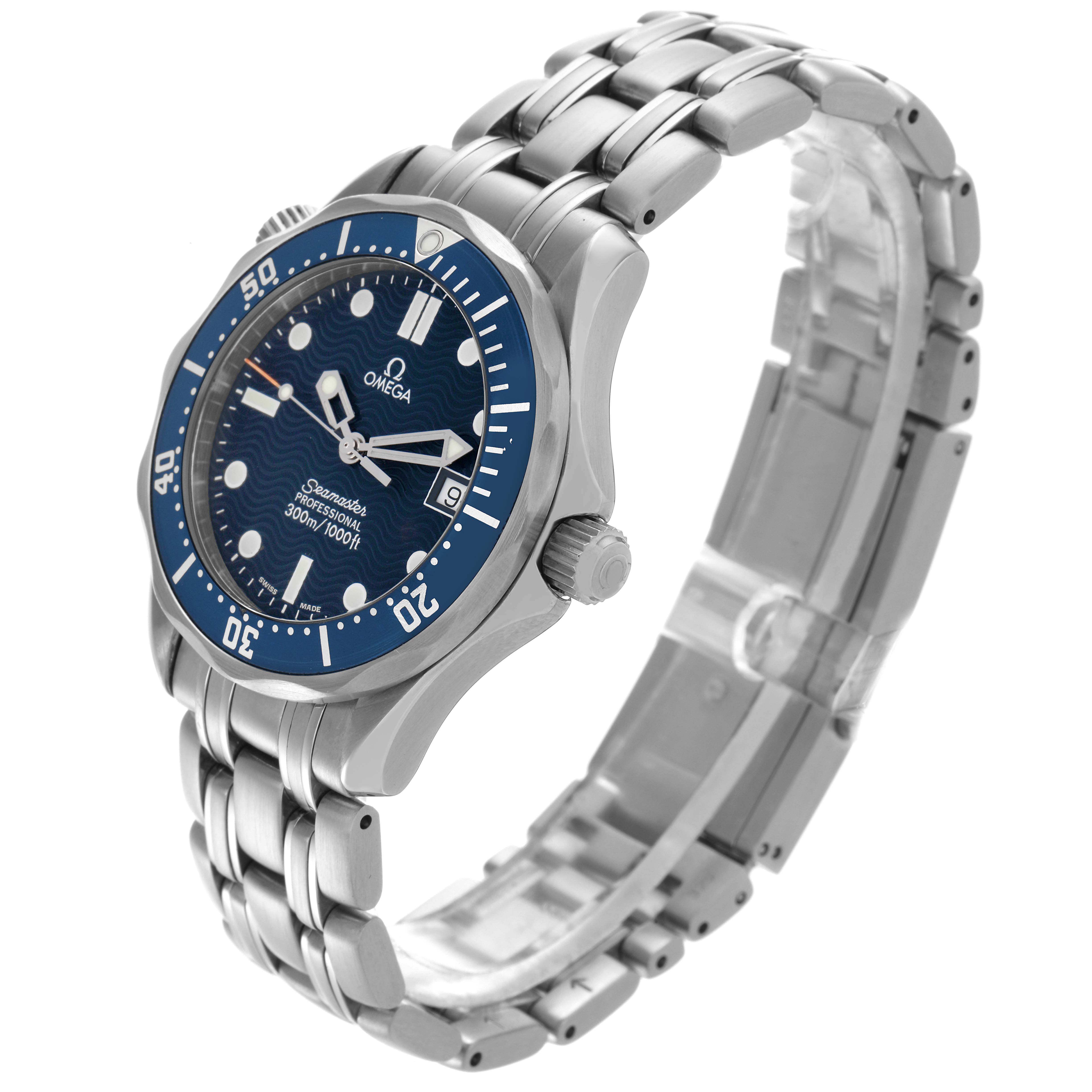 The Omega Seamaster 2561.80.00 Men
s Stainless Steel Blue Dial 2561.80.00 Men
s Stainless Steel Blue Dial watch is shown at an angled view, highlighting the dial, bezel, case, crown, and stainless steel bracelet.