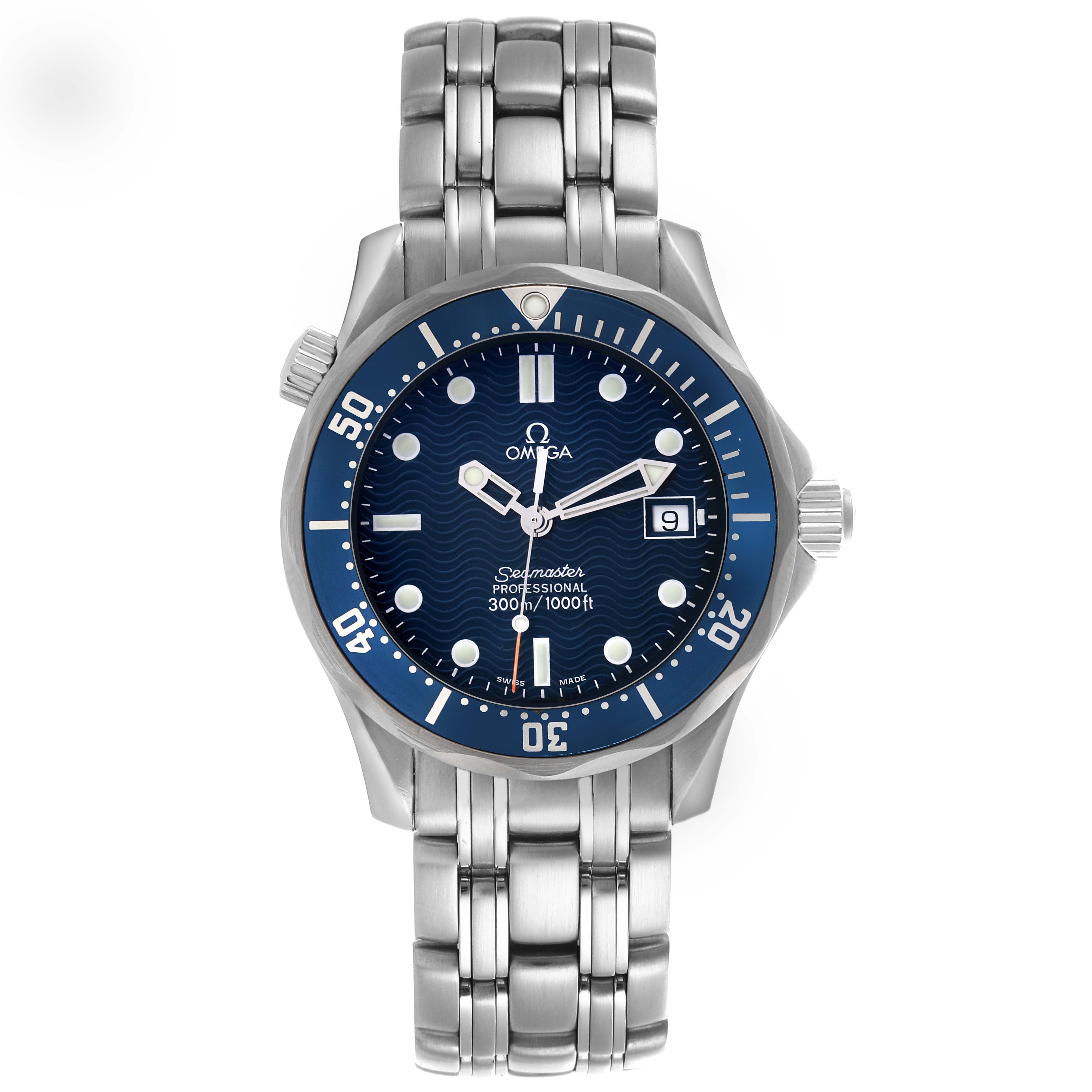 The Omega Seamaster 2561.80.00 Men
s Stainless Steel Blue Dial 2561.80.00 Men
s Stainless Steel Blue Dial watch is shown from a top-down view, highlighting the face, bezel, crown, and bracelet.