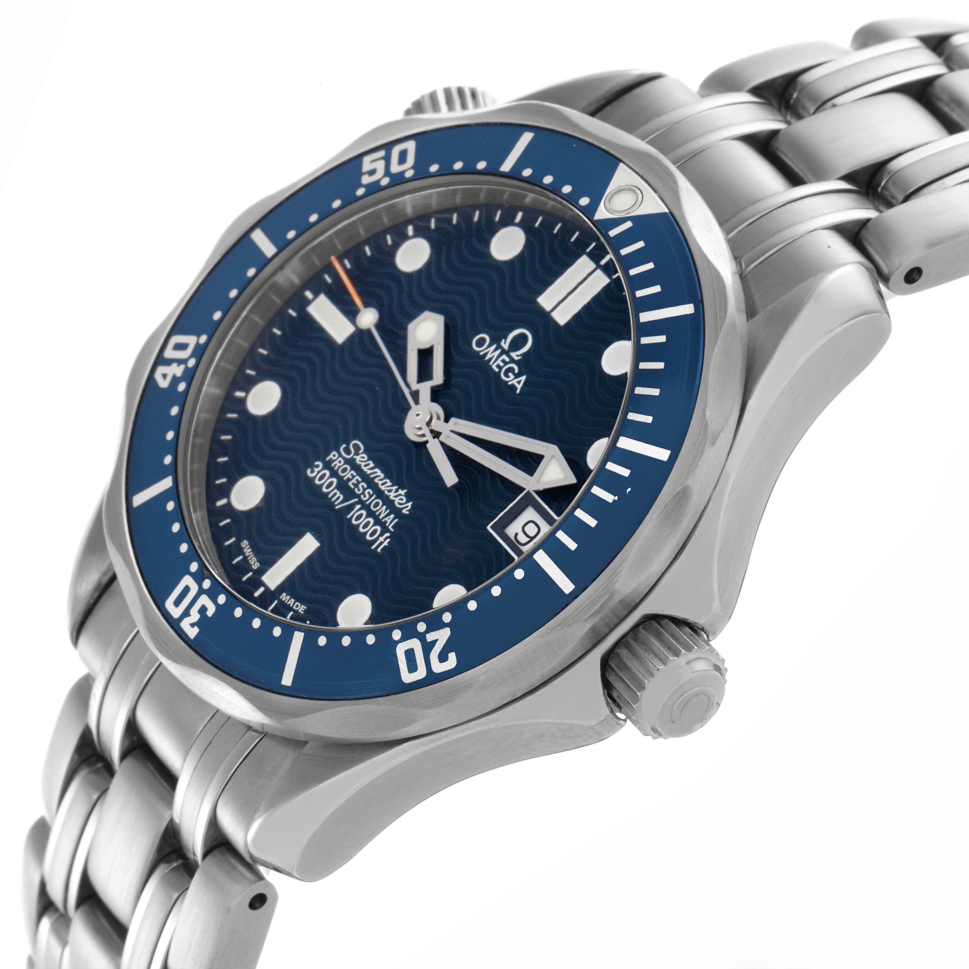 The Omega Seamaster 2561.80.00 Men
s Stainless Steel Blue Dial 2561.80.00 Men
s Stainless Steel Blue Dial is shown at a slight angle, highlighting its dial, bezel, crown, and part of the bracelet.