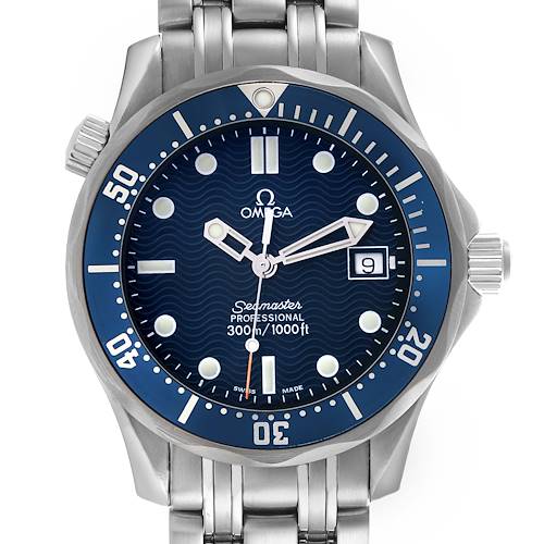 The Omega Seamaster watch is shown from a top-down angle, highlighting its face, bezel, crown, bracelet, and date feature.