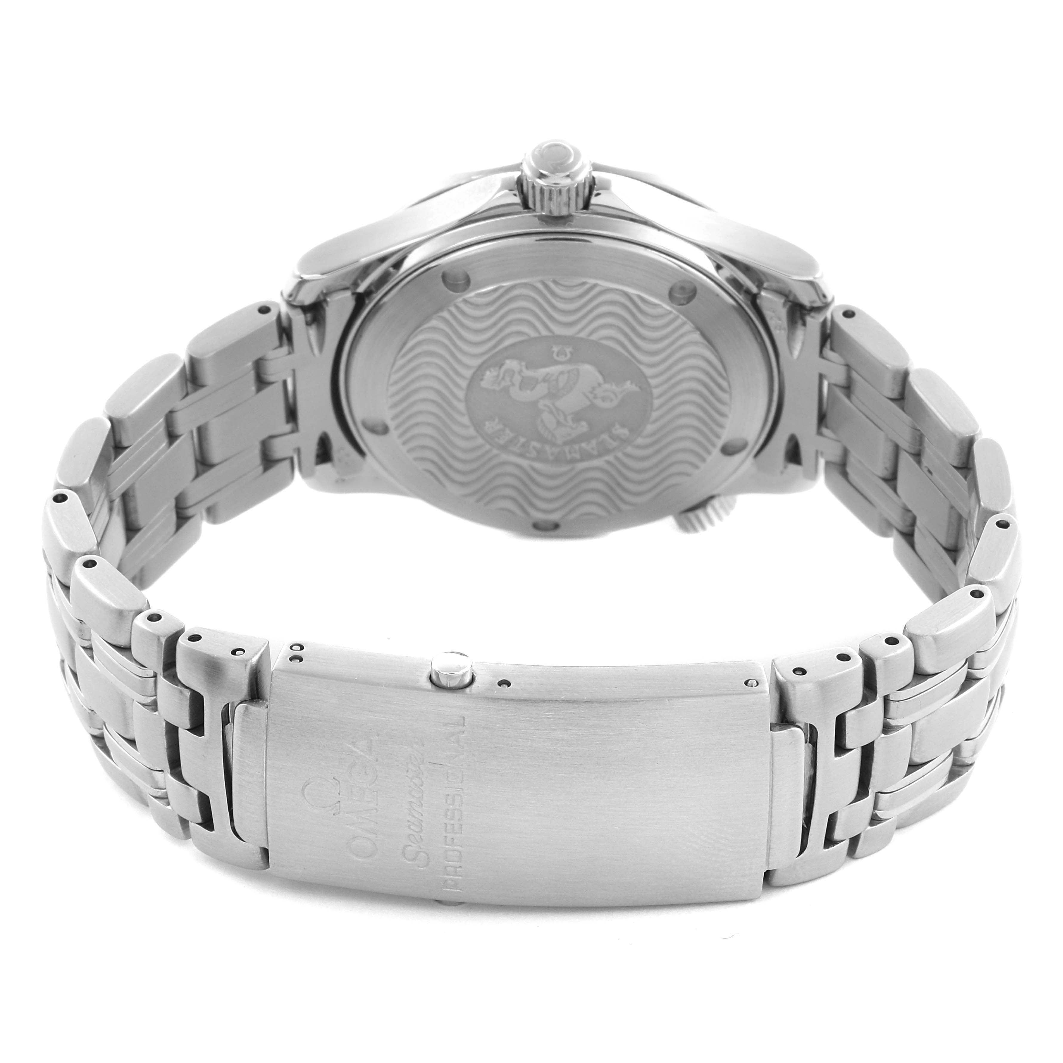 The image shows the back and clasp of an Omega Seamaster 2561.80.00 Men
s Stainless Steel Blue Dial 2561.80.00 Men
s Stainless Steel Blue Dial watch, highlighting the case back engraving and stainless steel bracelet.