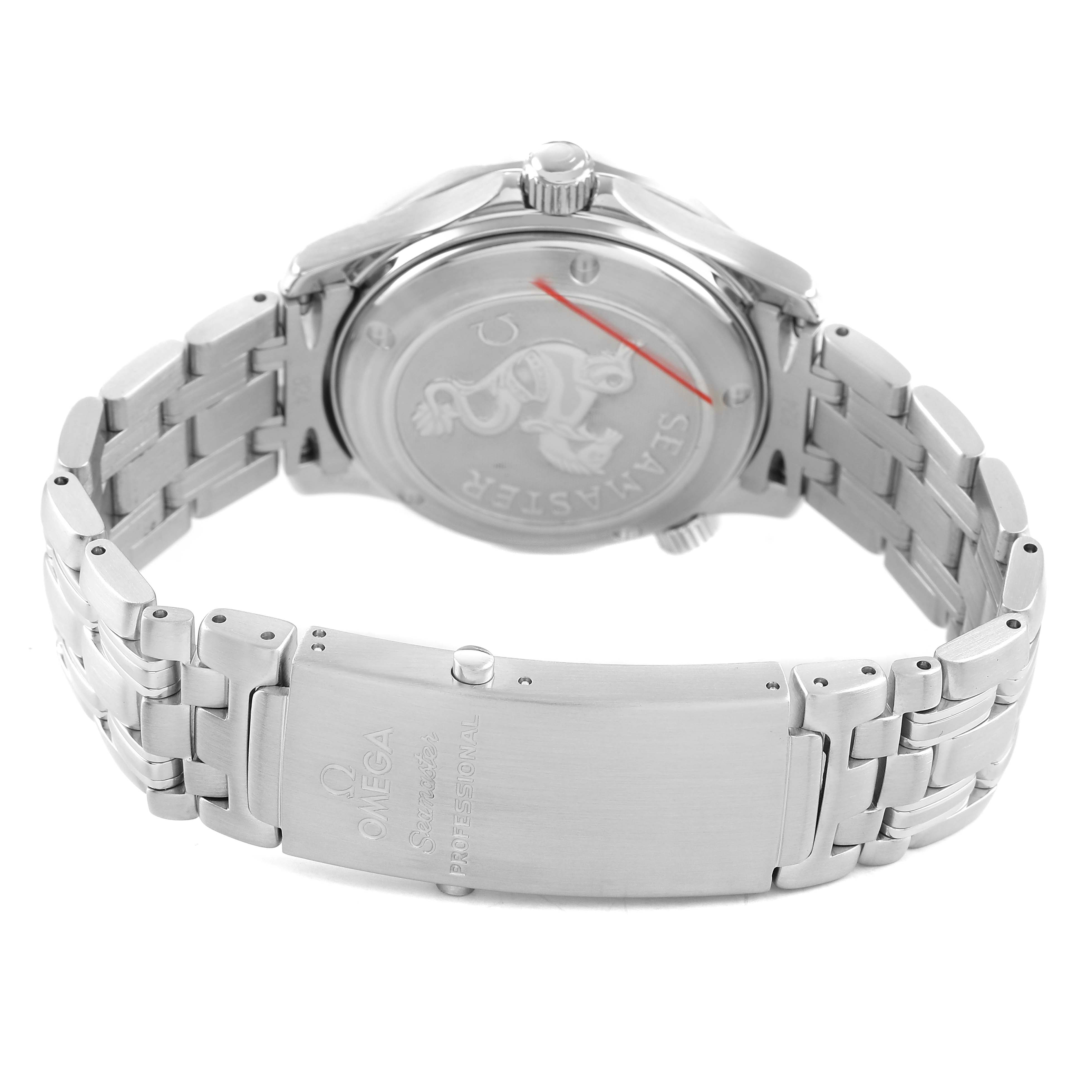 The image shows the back and clasp of an Omega Seamaster 212.30.36.20.01.001 Men's Stainless Steel Black Dial watch, highlighting the engraved case back and metal bracelet.