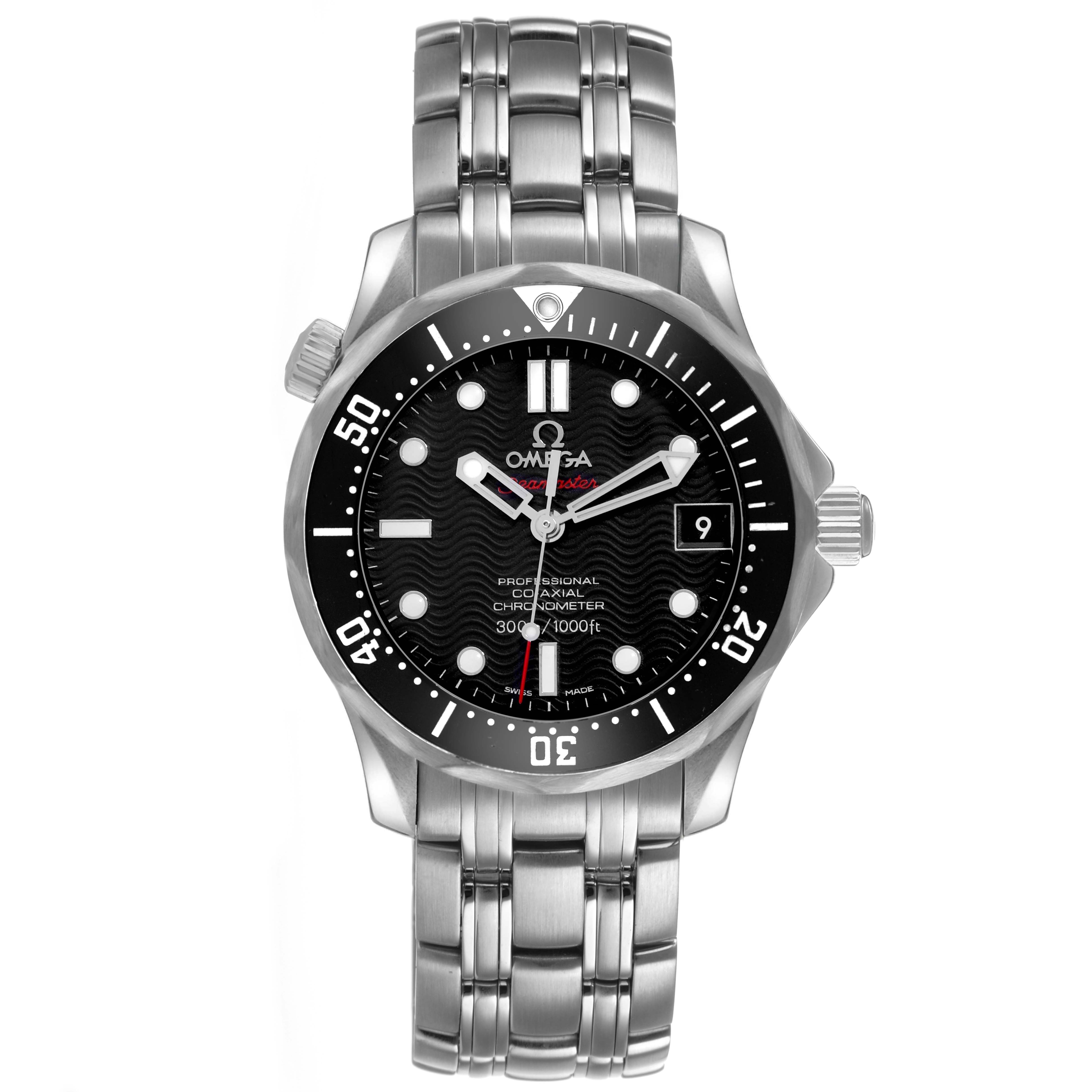 The Omega Seamaster 212.30.36.20.01.001 Men's Stainless Steel Black Dial watch is shown from a top-down angle, displaying the entire face, bezel, and stainless steel bracelet.