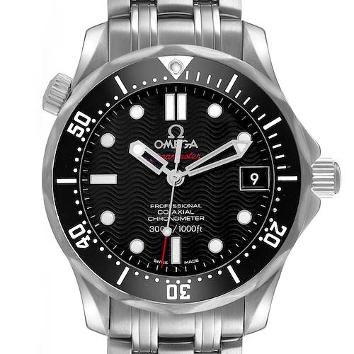 The Omega Seamaster 212.30.36.20.01.001 Men's Stainless Steel Black Dial watch is shown from the front, displaying the face, bezel, crown, and metal bracelet.