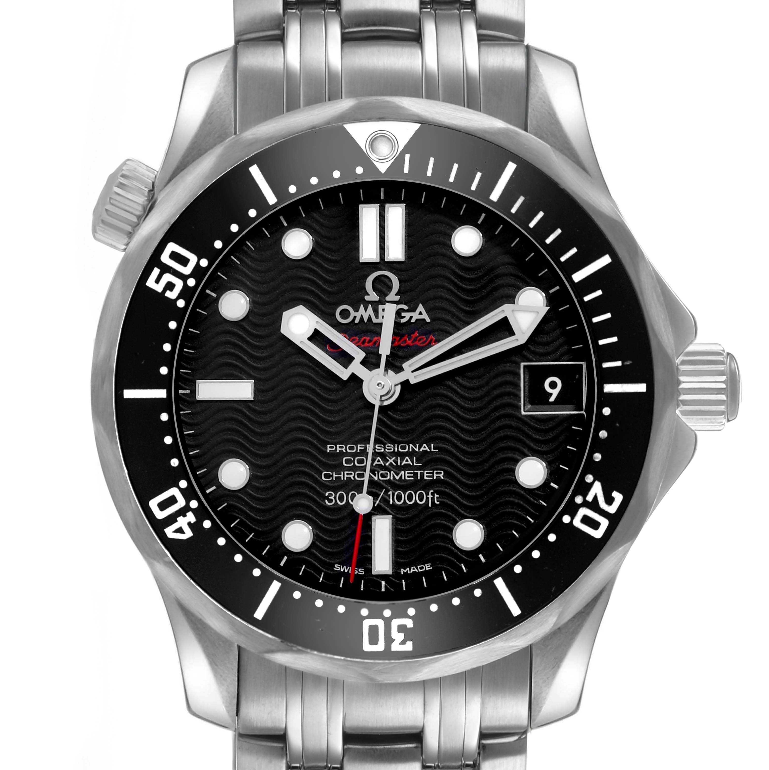 The Omega Seamaster 212.30.36.20.01.001 Men's Stainless Steel Black Dial watch is shown from the front, highlighting the dial, bezel, bracelet, and crown.