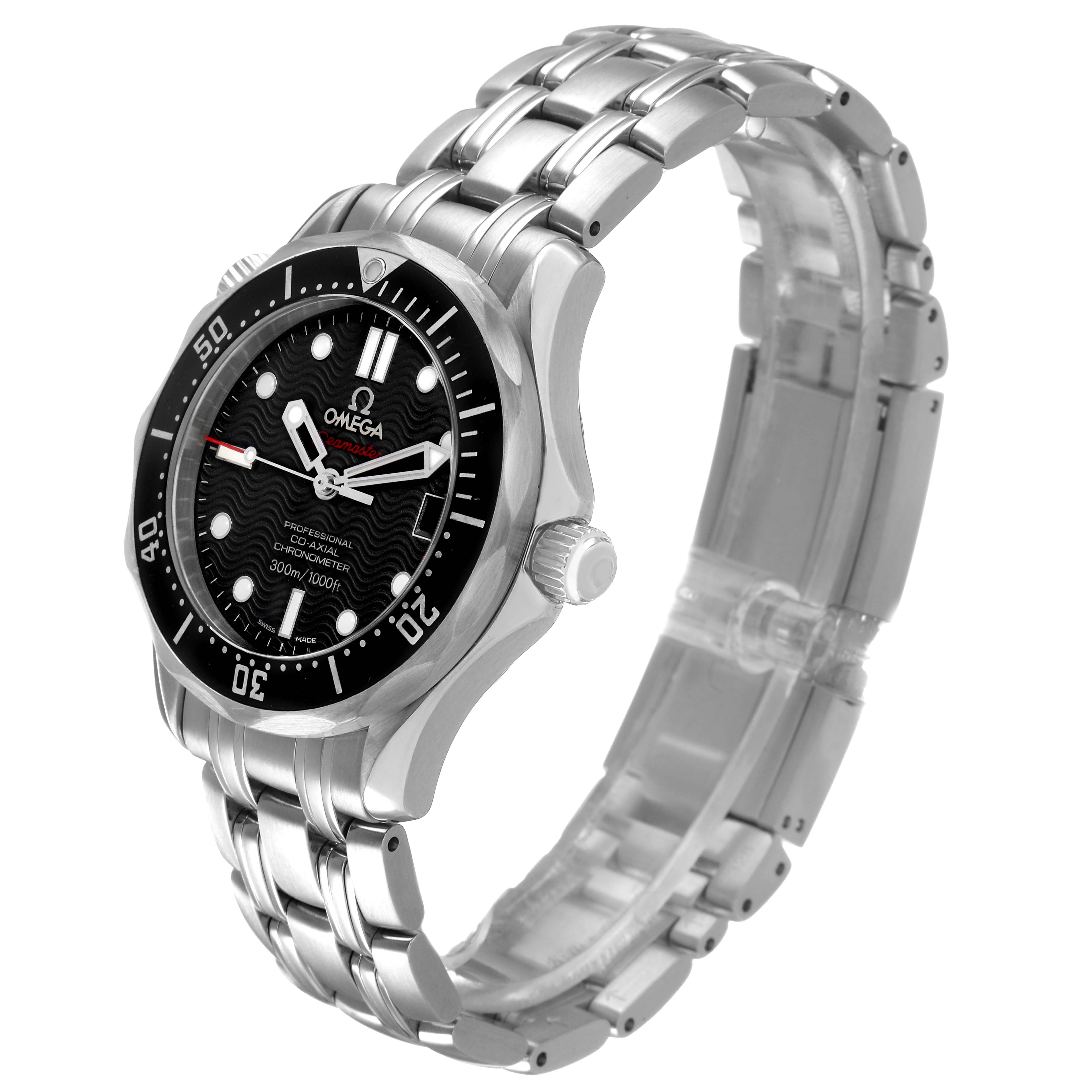 The Omega Seamaster 212.30.36.20.01.001 Men's Stainless Steel Black Dial watch is shown at a three-quarter angle, displaying the face, bezel, crown, and bracelet.