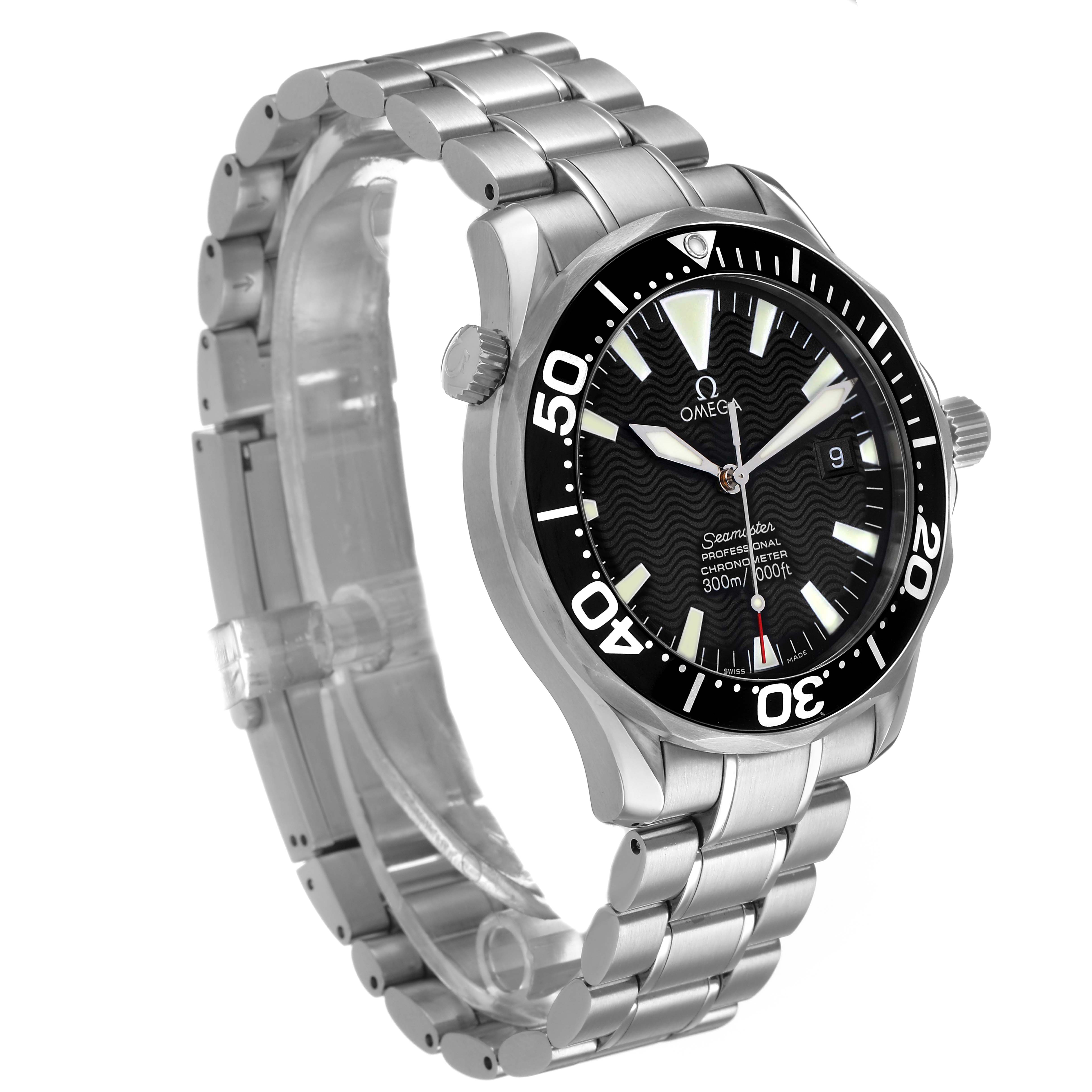 The Omega Seamaster 2254.50.00 Men's Stainless Steel Black Dial watch is shown at an oblique angle highlighting the bracelet, case, bezel, and dial with diving features.