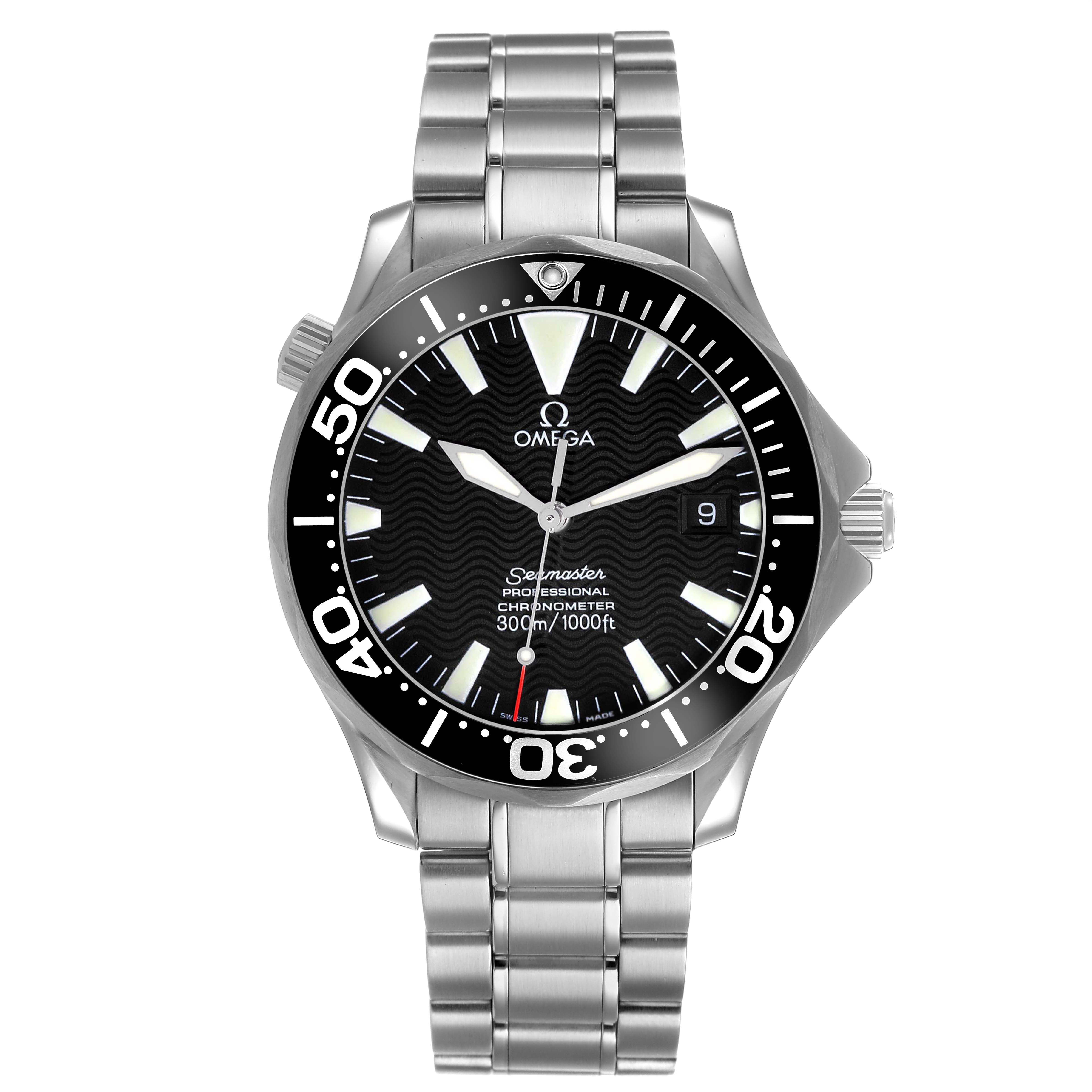 The Omega Seamaster 2254.50.00 Men's Stainless Steel Black Dial watch is shown from the front, displaying the face, bezel, crown, and stainless steel bracelet.