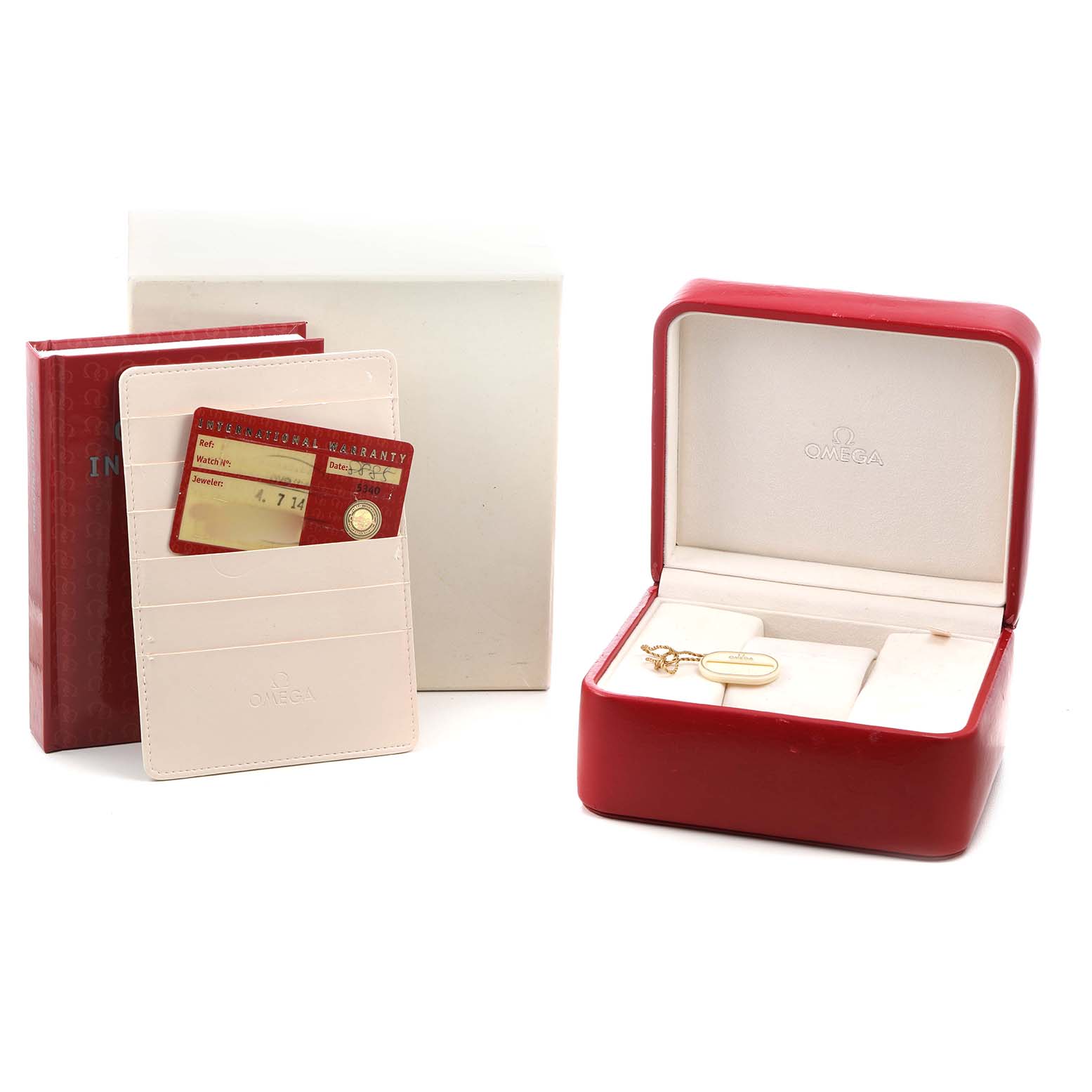 The image shows an Omega Seamaster 2254.50.00 Men's Stainless Steel Black Dial's red box, warranty card, and instruction book.