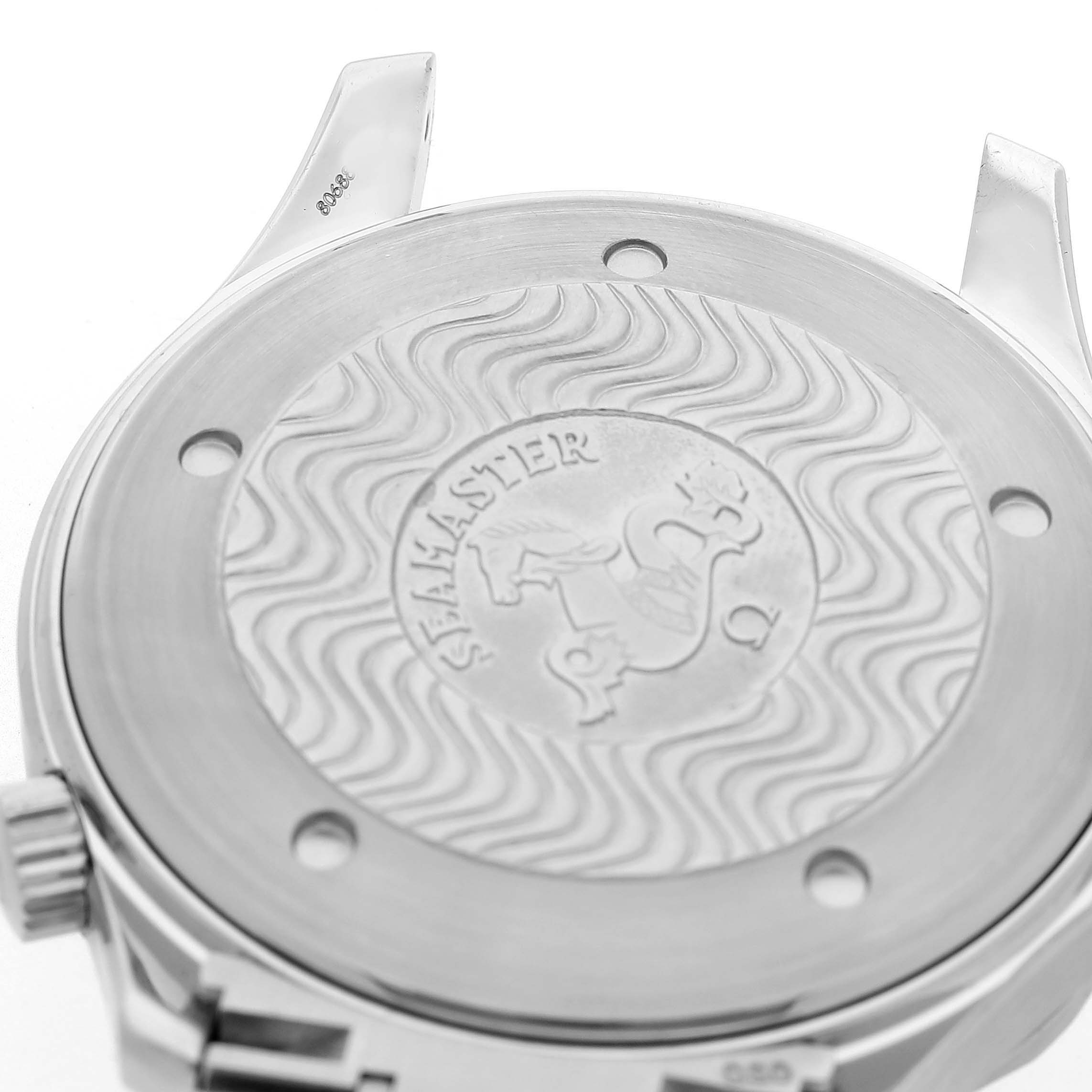 The image shows the case back of an Omega Seamaster 2254.50.00 Men's Stainless Steel Black Dial watch with engraved details.