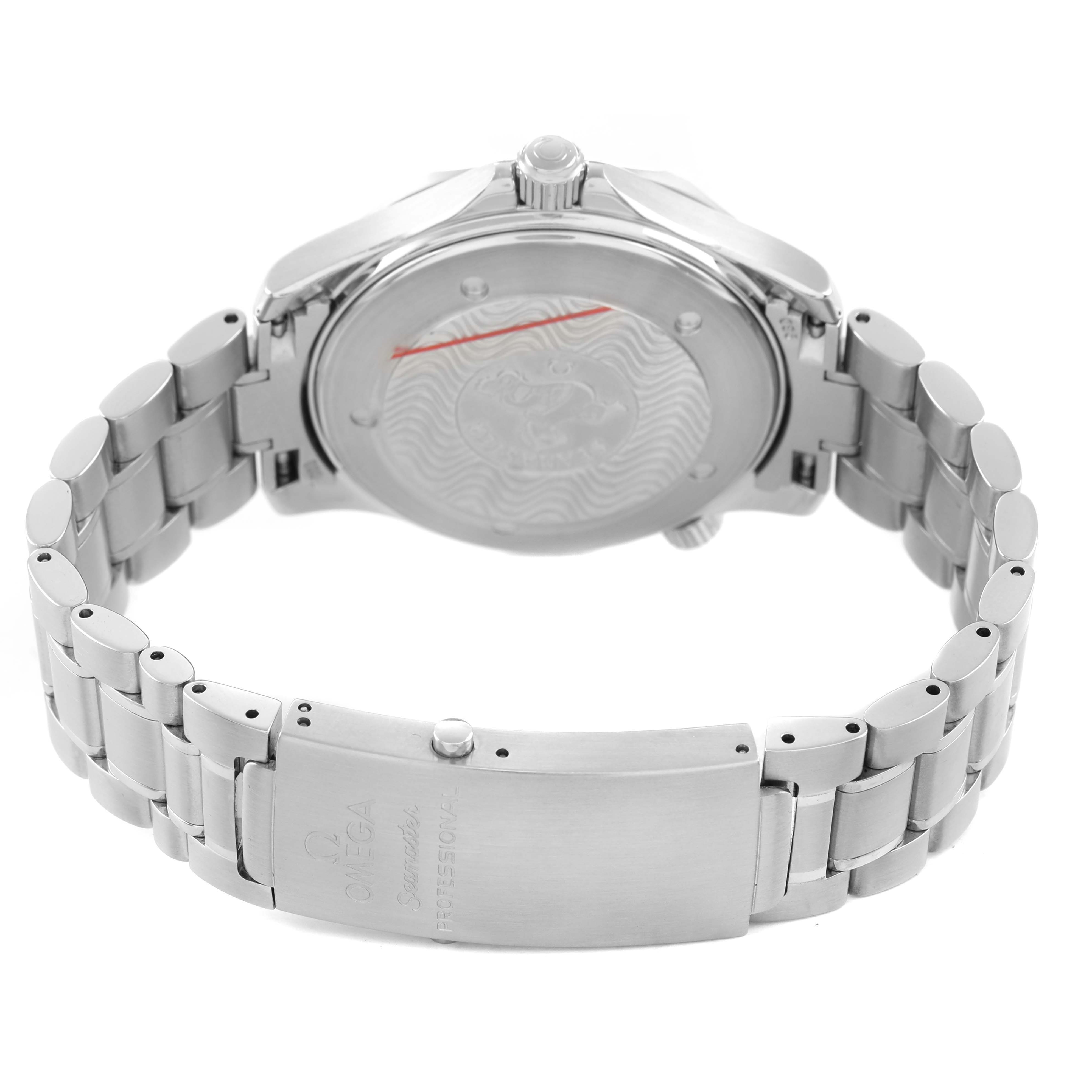 The image shows the back view of the Omega Seamaster 2254.50.00 Men's Stainless Steel Black Dial watch, highlighting the case back and bracelet with clasp detailing.