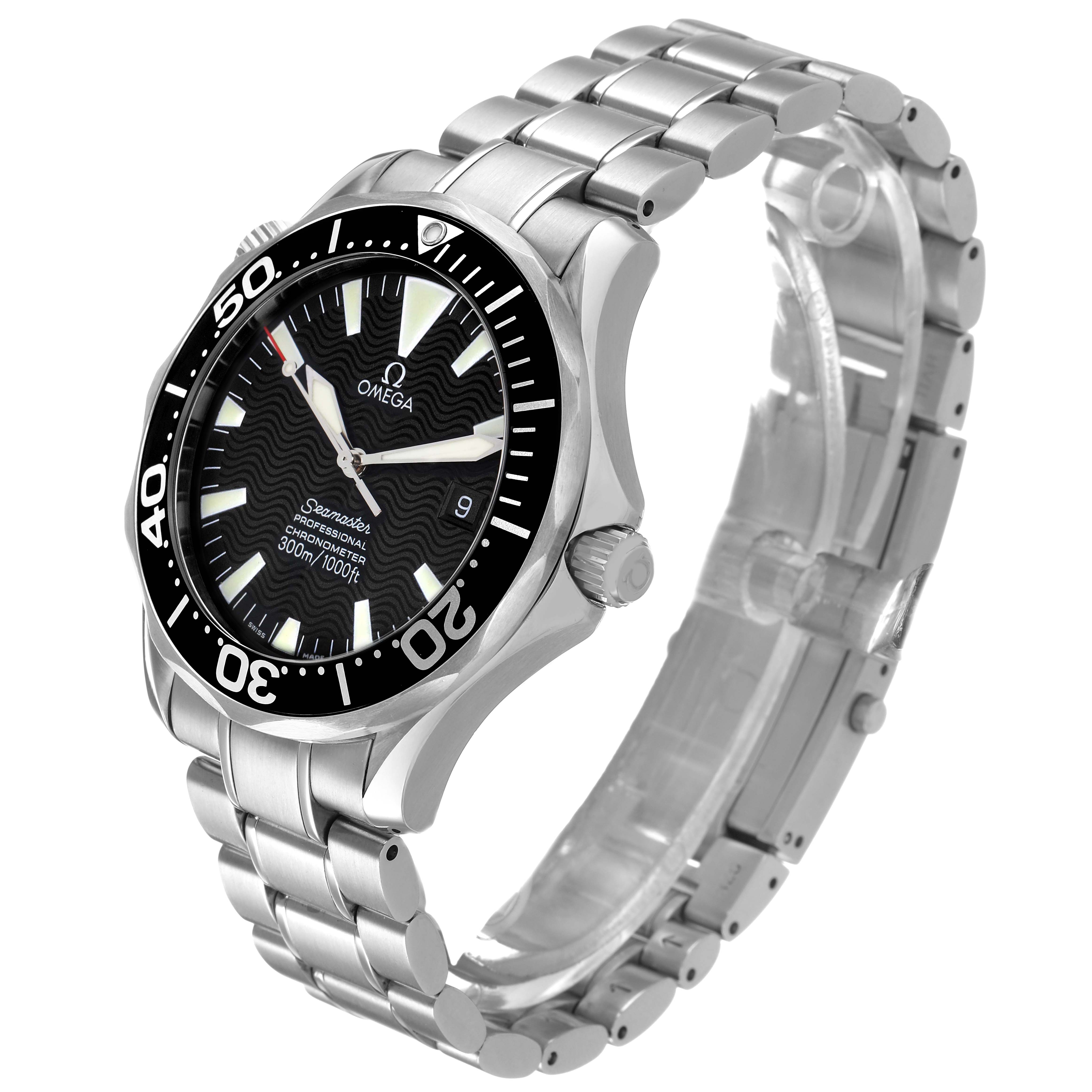 The Omega Seamaster 2254.50.00 Men's Stainless Steel Black Dial watch is shown at a three-quarter angle, highlighting the face, bezel, crown, and bracelet.