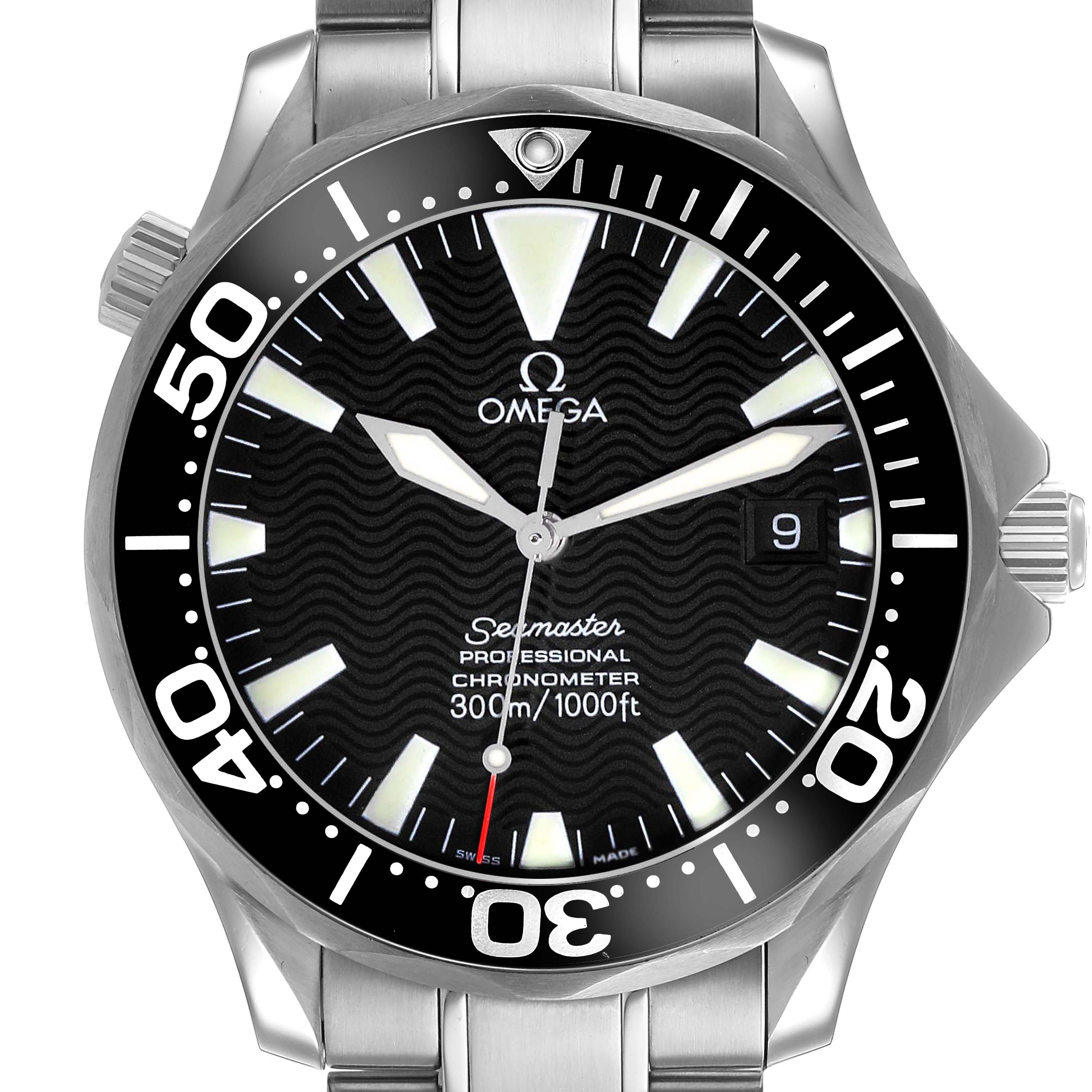 The image shows a frontal view of the Omega Seamaster 2254.50.00 Men's Stainless Steel Black Dial watch, highlighting the dial, bezel, and part of the bracelet.