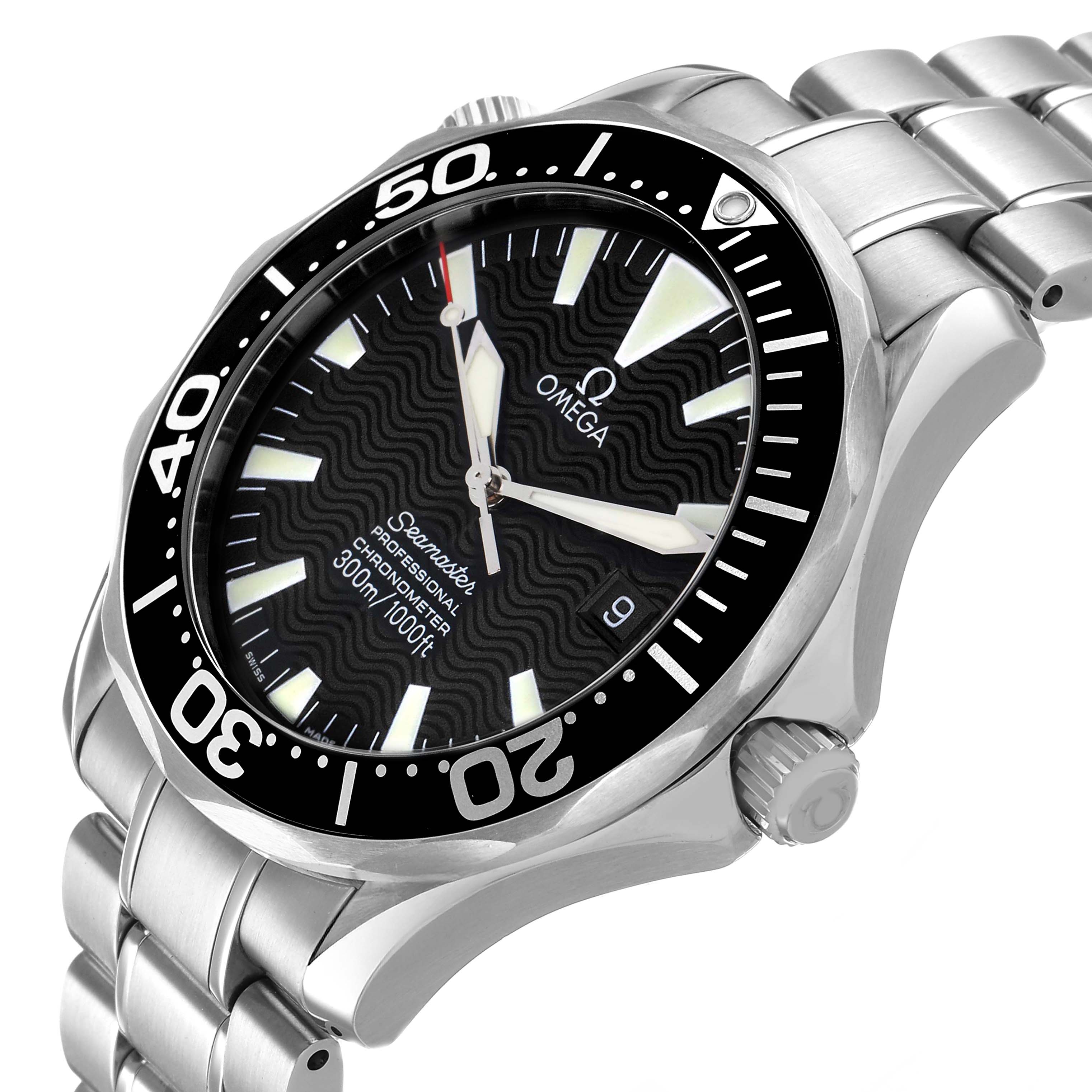 The Omega Seamaster 2254.50.00 Men's Stainless Steel Black Dial watch is shown at an oblique angle highlighting the bezel, bracelet, and crown.
