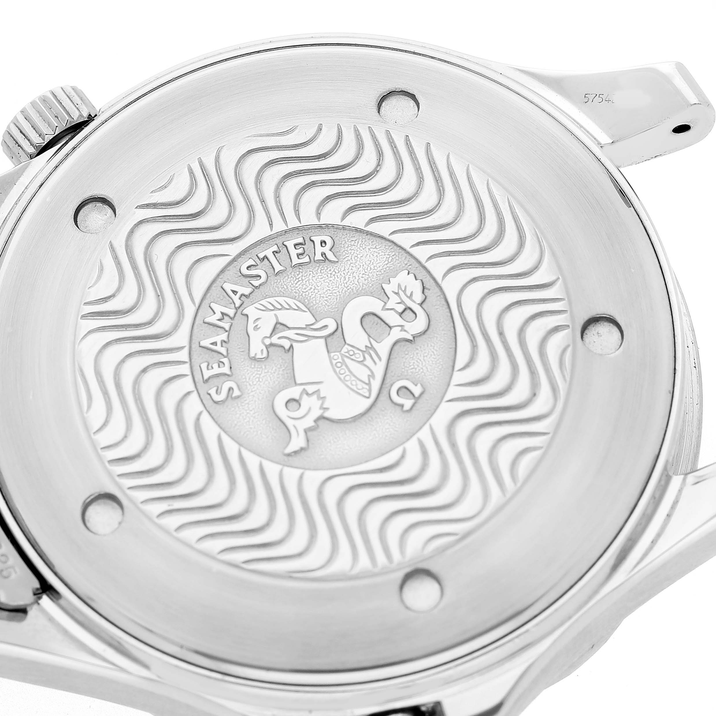 The image shows the back of an Omega Seamaster 2542.80.00 Men's Stainless Steel Black Dial watch, featuring its engraved emblem and wave pattern.