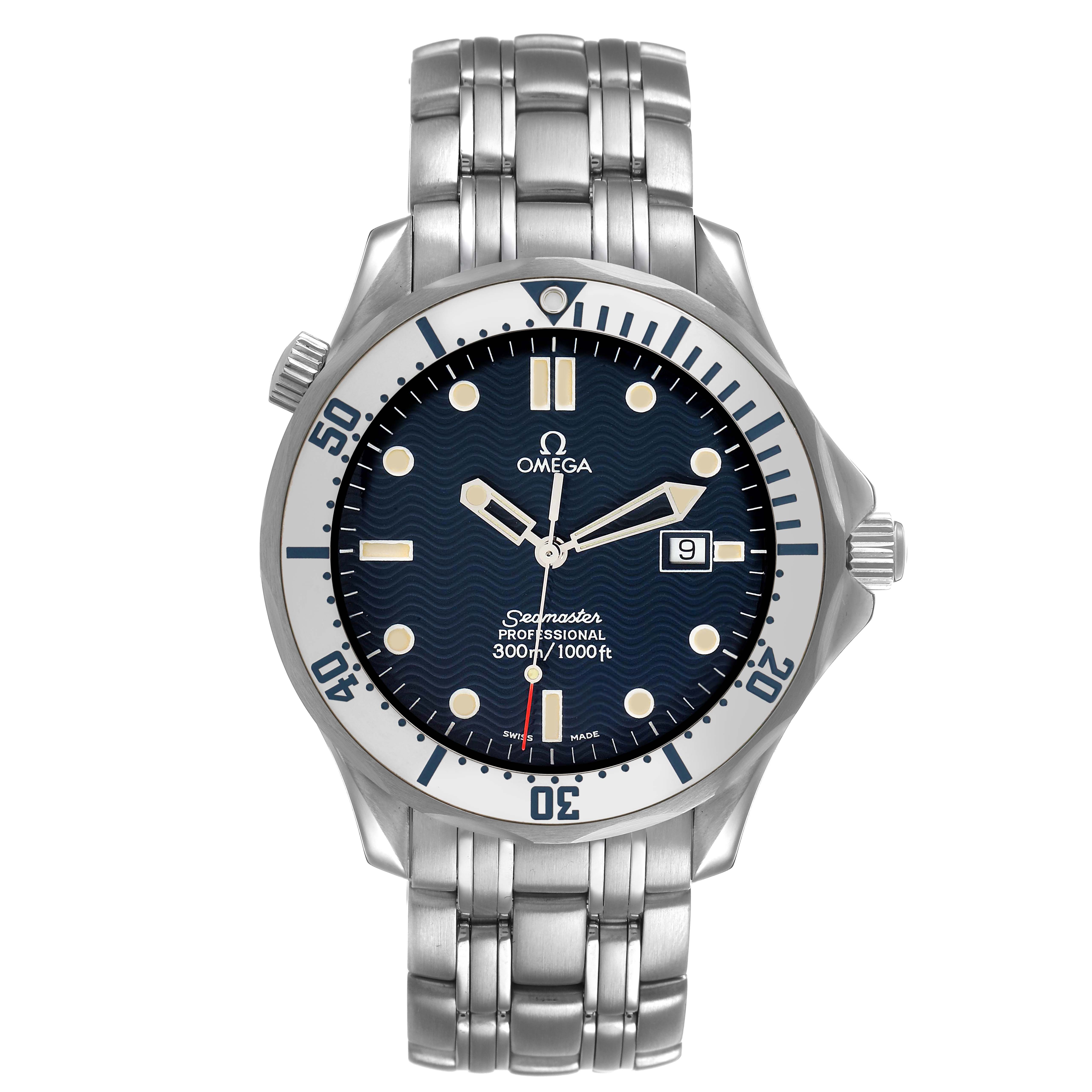 The Omega Seamaster 2542.80.00 Men's Stainless Steel Black Dial watch is shown from a top-down angle, displaying the face, bezel, and metal bracelet.