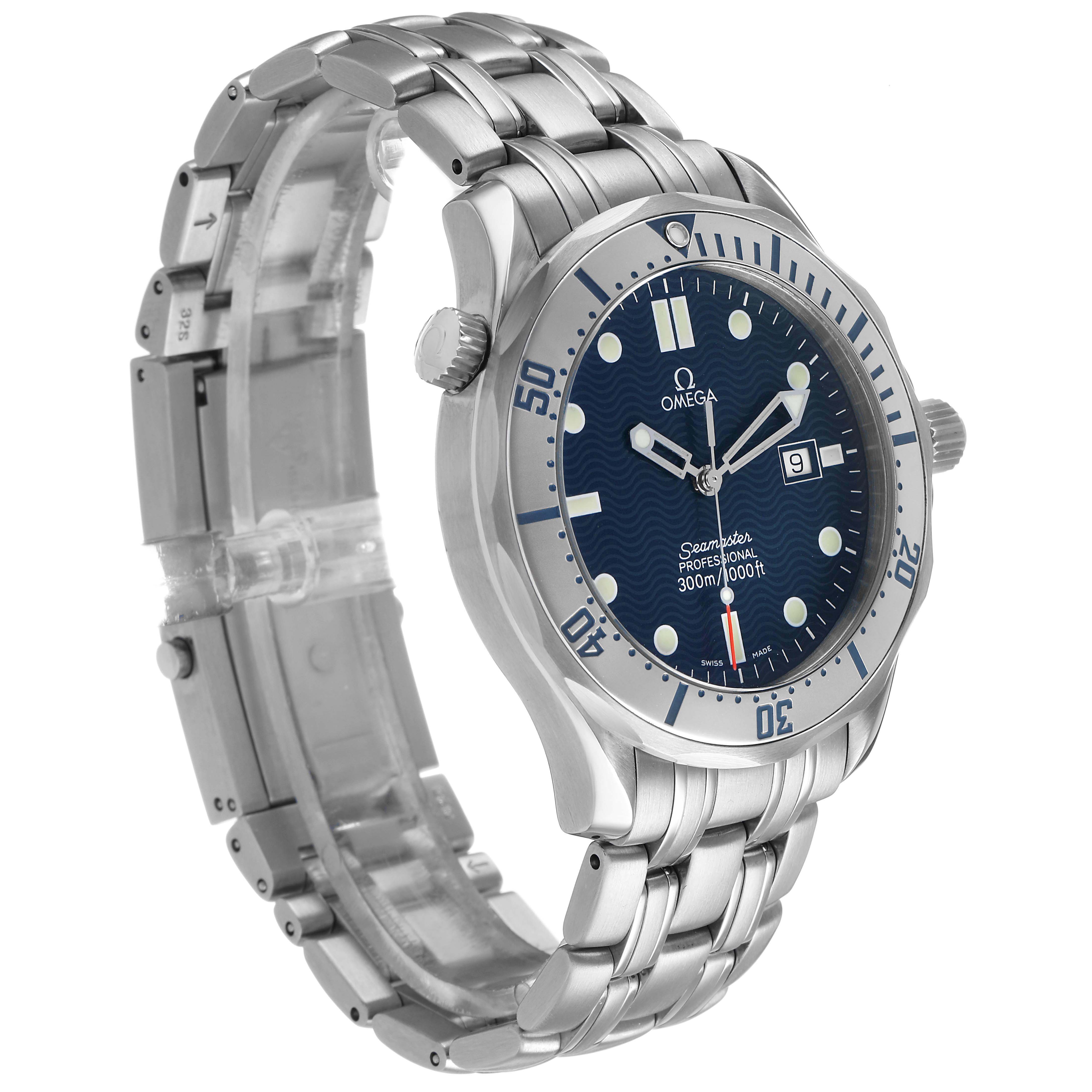 The Omega Seamaster 2542.80.00 Men's Stainless Steel Black Dial watch is shown at a slight angle, highlighting the face, bezel, and stainless steel bracelet.