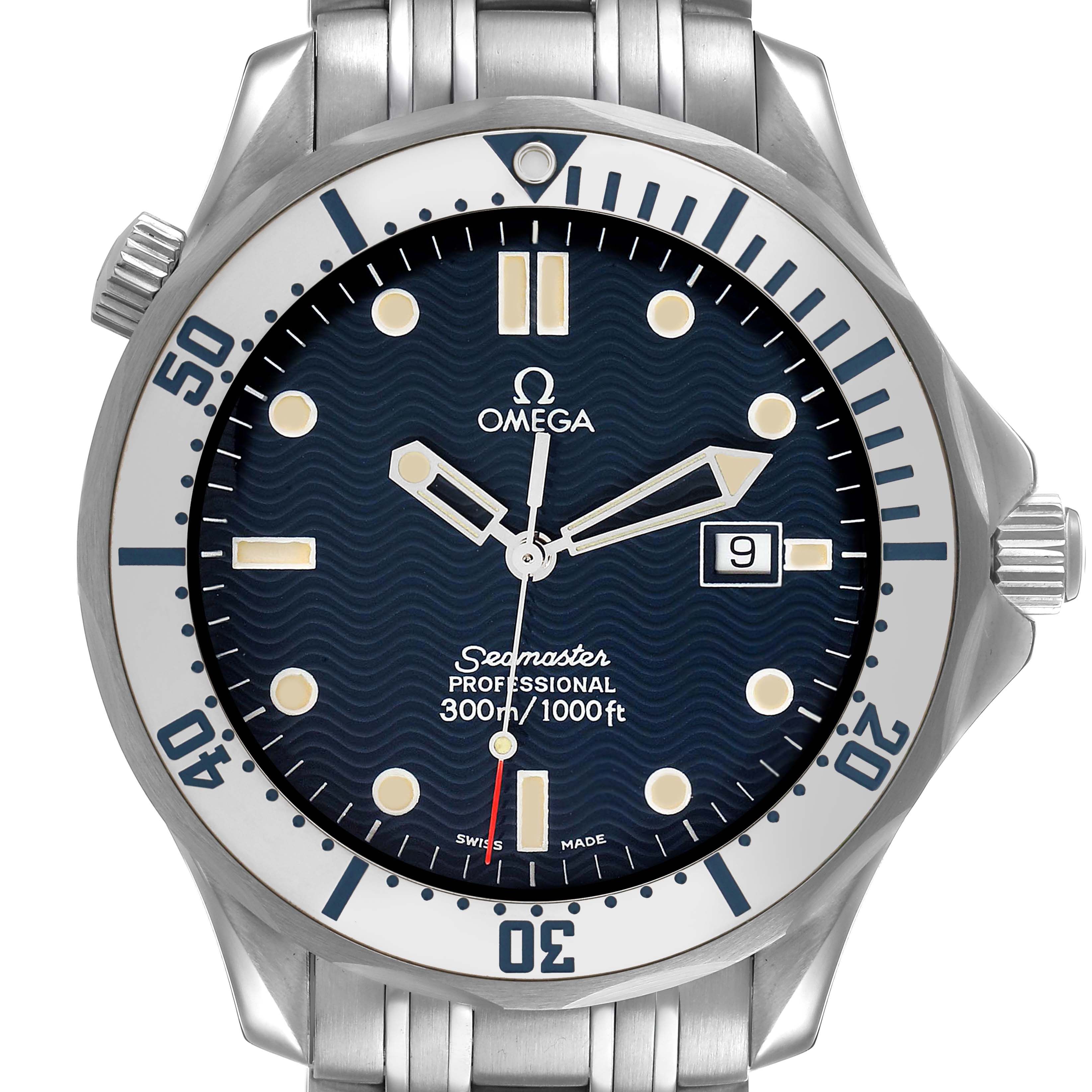 The Omega Seamaster 2542.80.00 Men's Stainless Steel Black Dial watch is shown from a front angle, displaying its dial, bezel, and bracelet.