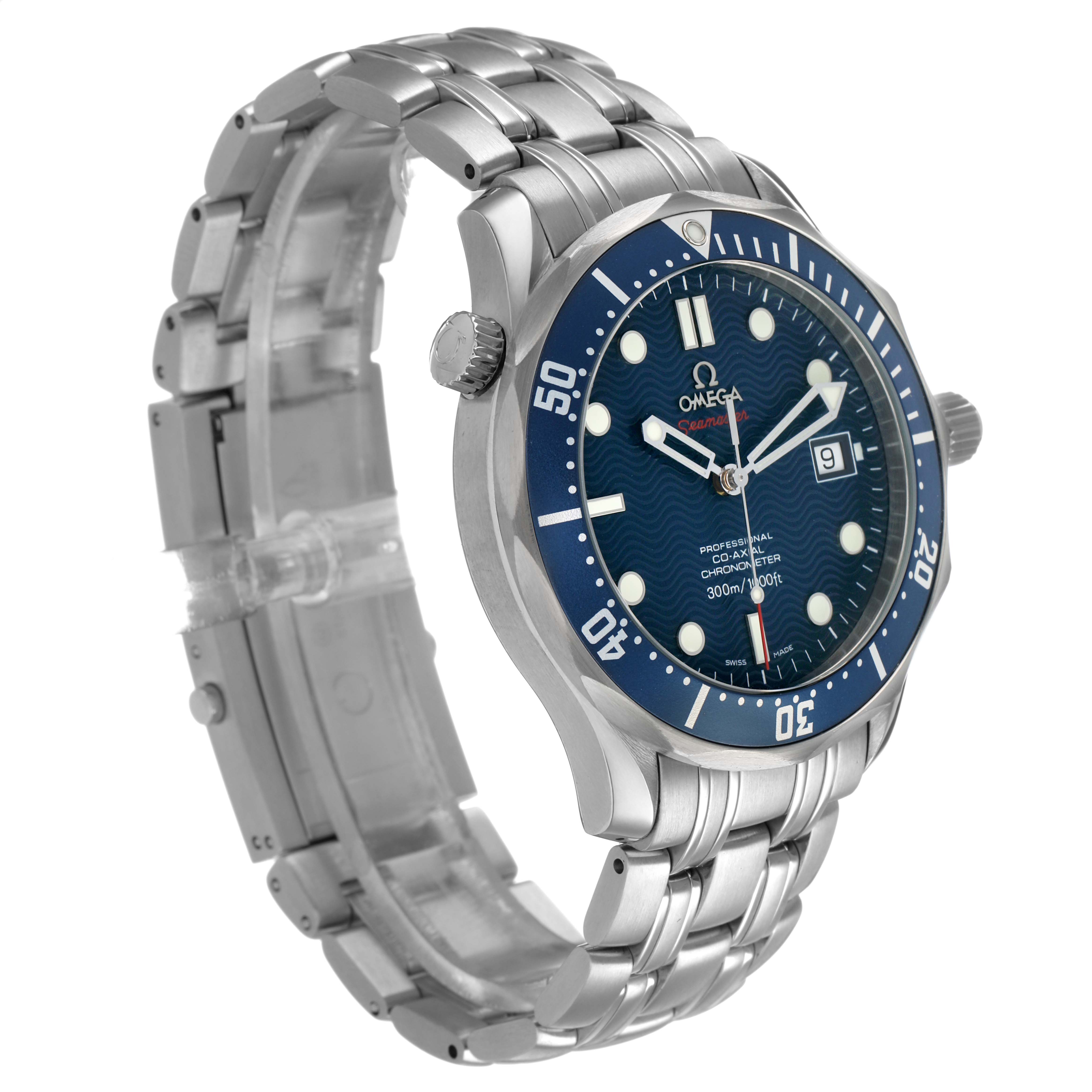 The Omega Seamaster 2220.80.00 Men's Stainless Steel Blue Dial watch is shown from a three-quarter view, highlighting its blue bezel, face, and metal bracelet.