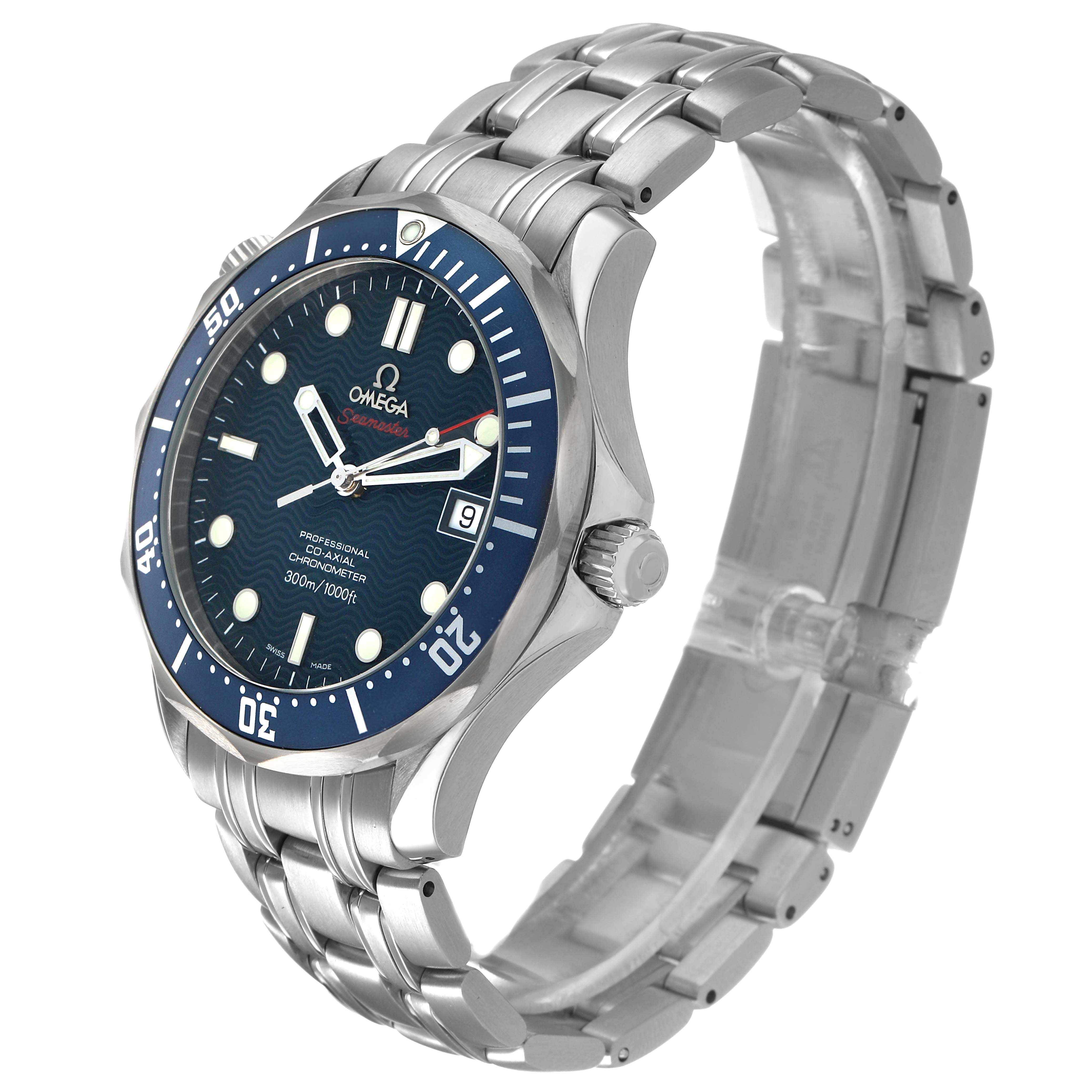 The Omega Seamaster 2220.80.00 Men's Stainless Steel Blue Dial watch is shown at a three-quarter angle, displaying its face, bezel, crown, and metal bracelet.