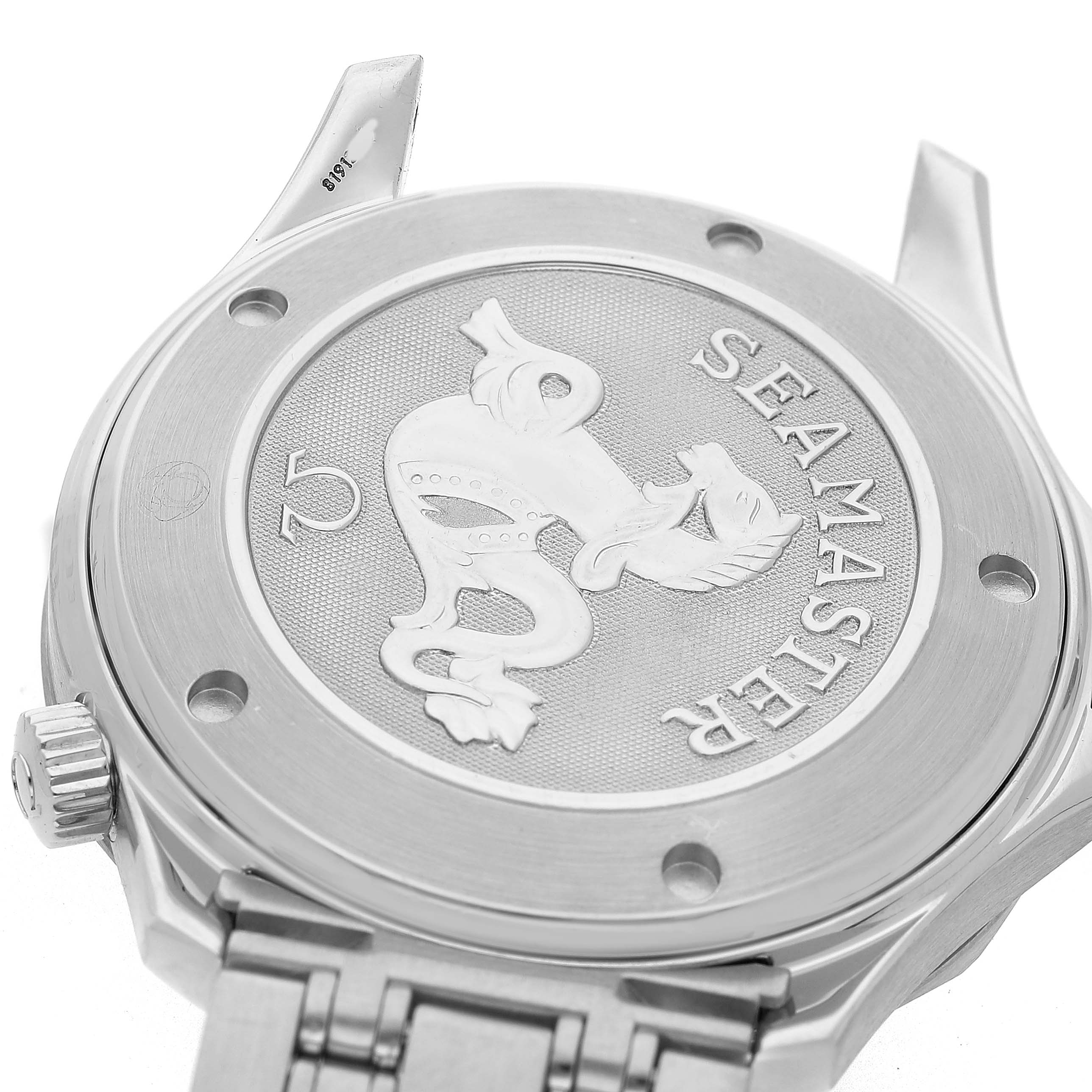 The image shows the case back of an Omega Seamaster 2220.80.00 Men's Stainless Steel Blue Dial watch, highlighting its emblem and bracelet attachment points.