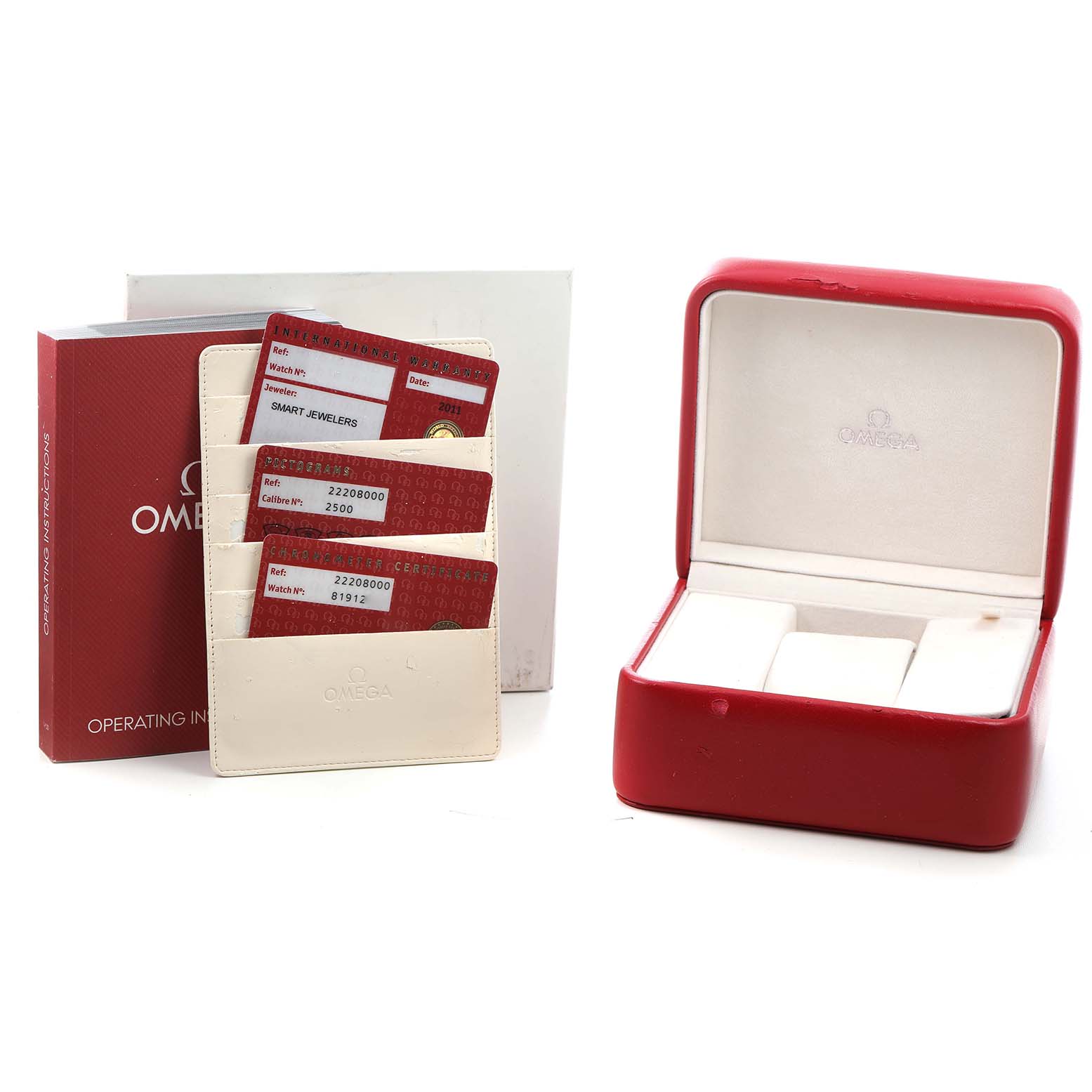 The image shows an Omega Seamaster 2220.80.00 Men's Stainless Steel Blue Dial watch box, warranty cards, and an operating manual.