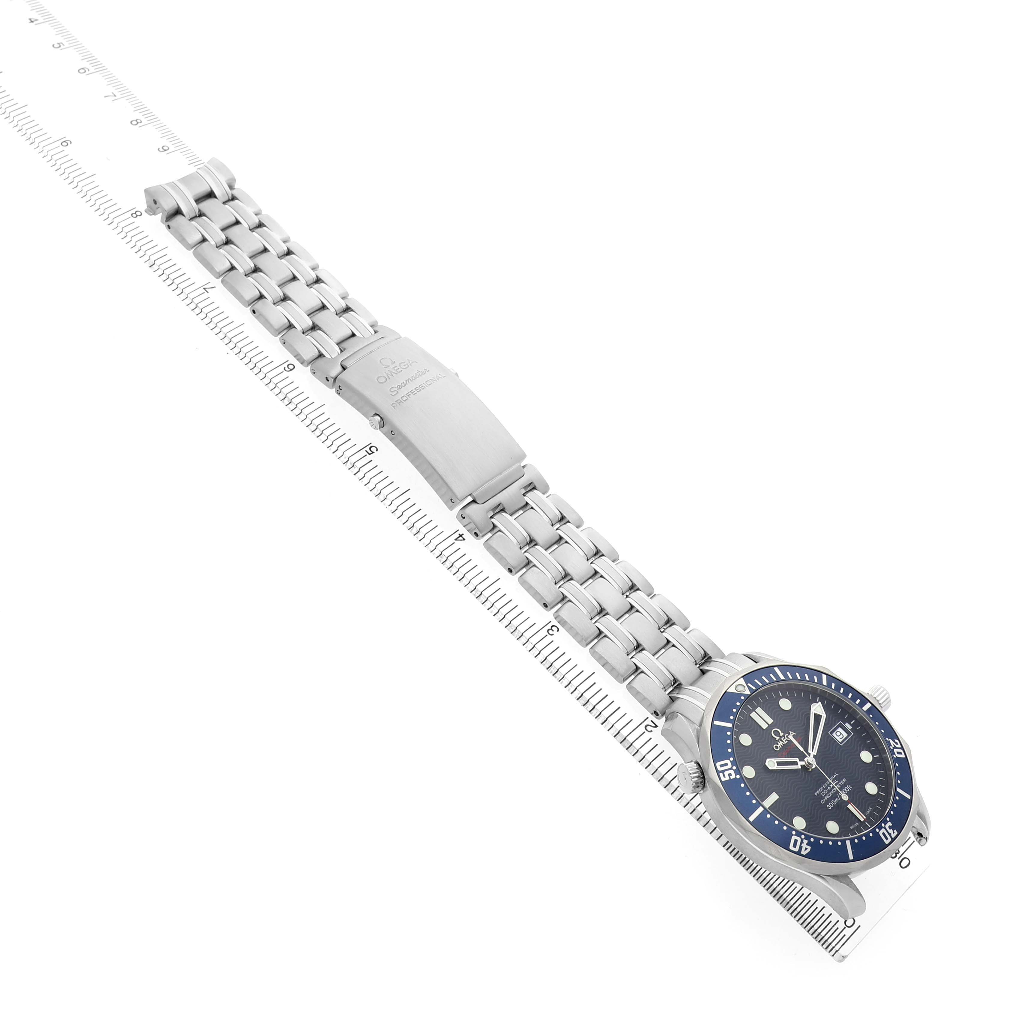 The Omega Seamaster 2220.80.00 Men's Stainless Steel Blue Dial watch is shown from an overhead angle, displaying its face, bezel, and metal bracelet.