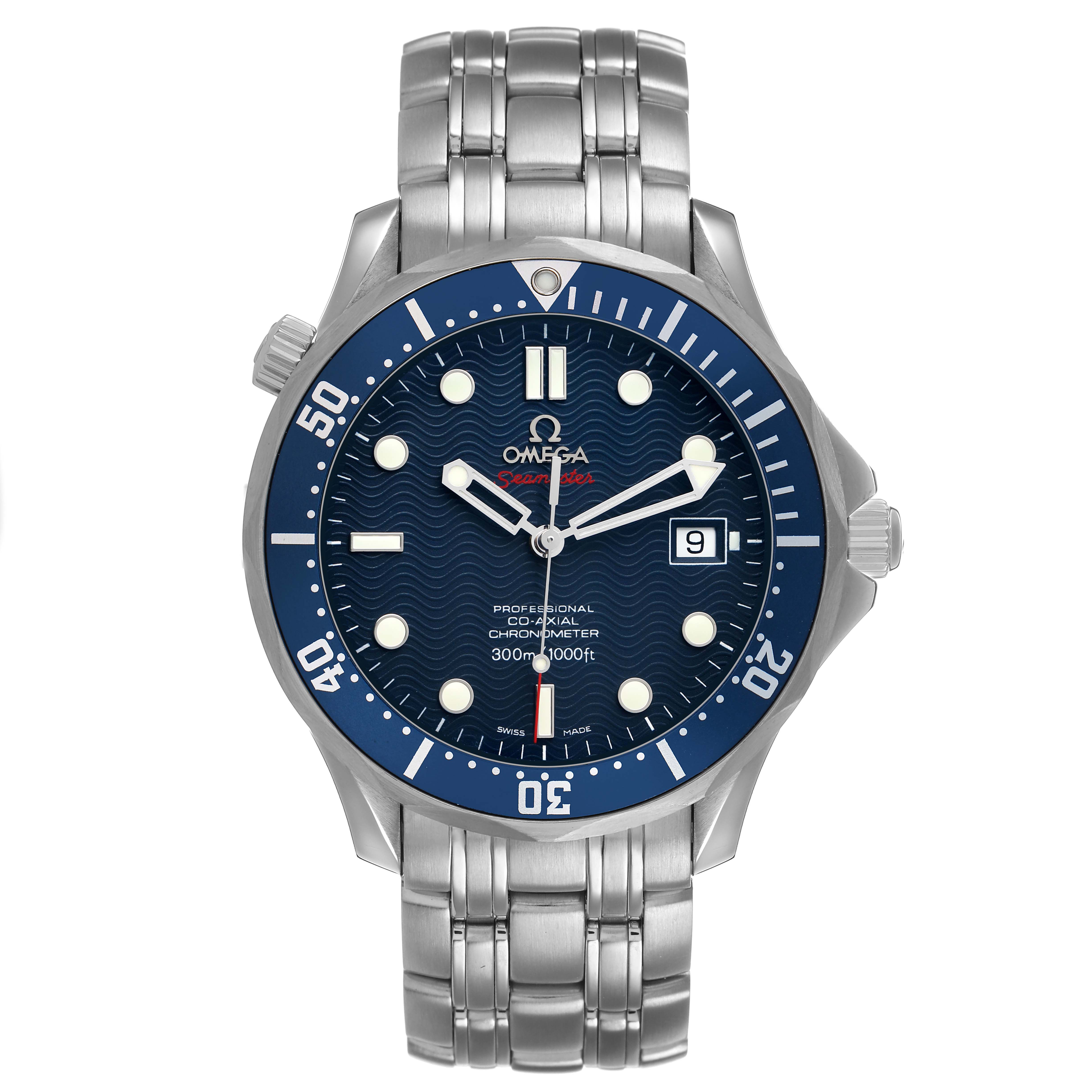 The Omega Seamaster 2220.80.00 Men's Stainless Steel Blue Dial watch is shown from a front angle, displaying its dial, bezel, and bracelet.