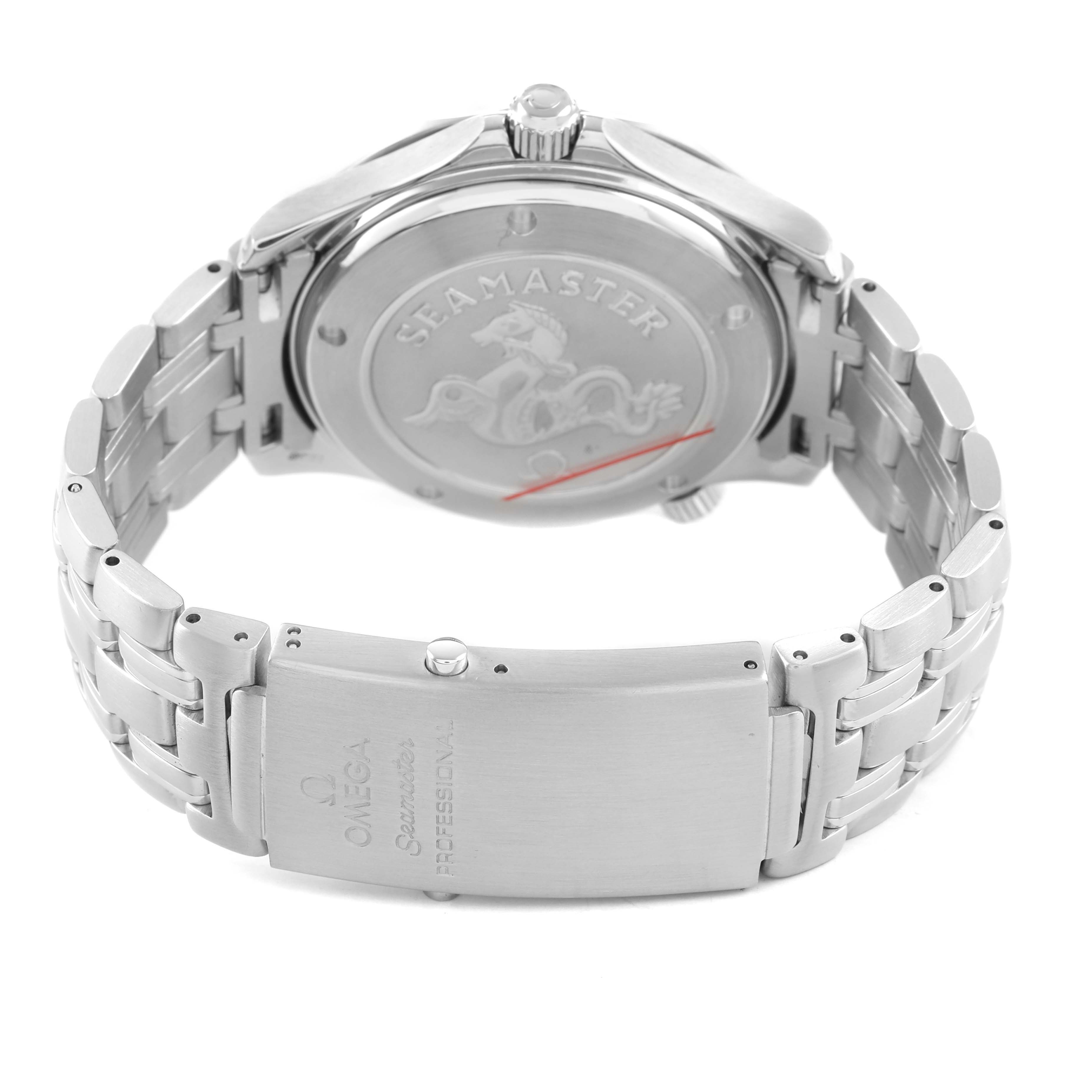 The image shows the back view of an Omega Seamaster 2220.80.00 Men's Stainless Steel Blue Dial watch, highlighting the engraved case back and the metal bracelet with clasp.