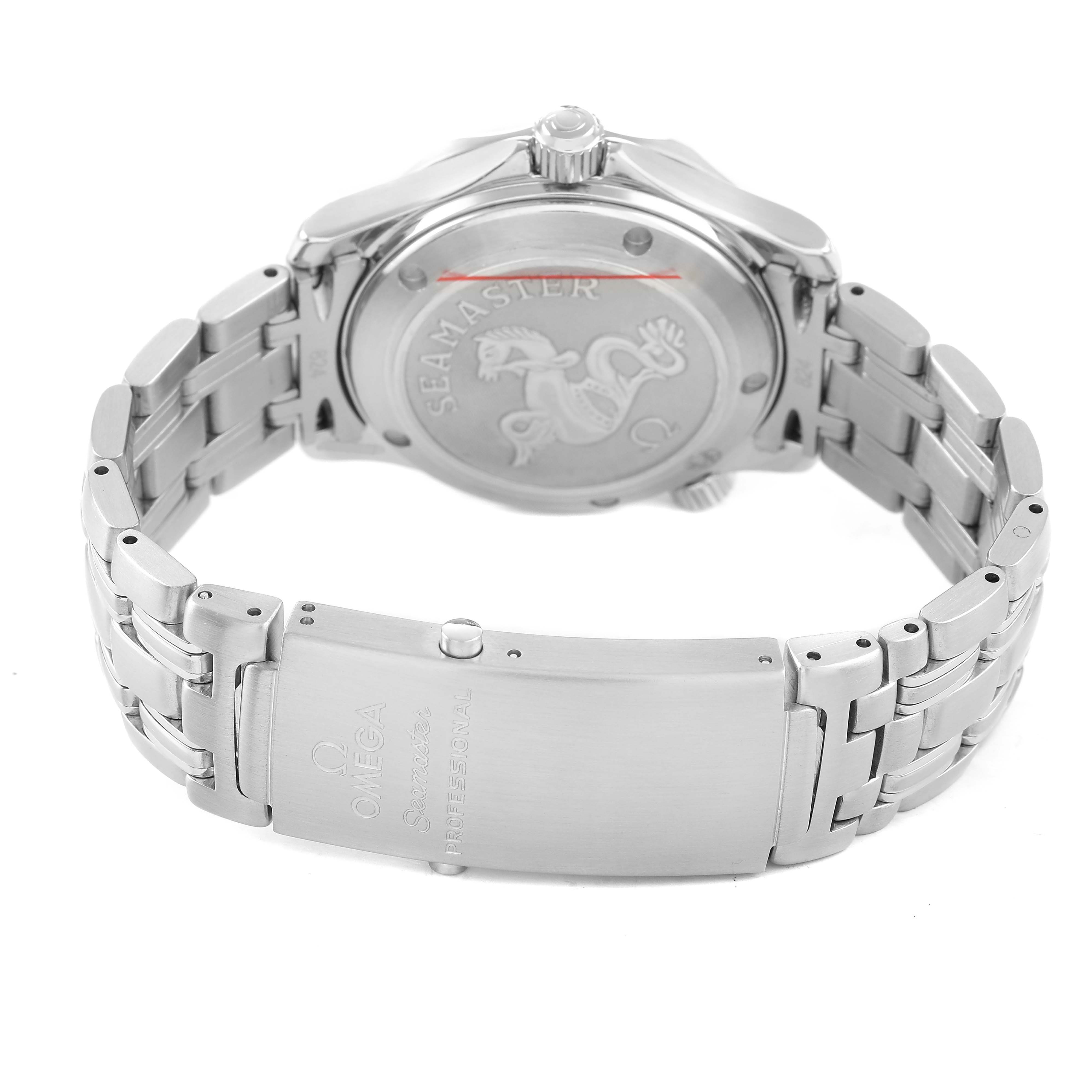 The image shows the back of an Omega Seamaster 2222.80.00 Men's Stainless Steel Blue Dial watch, highlighting the engraved case back and metal bracelet clasp.