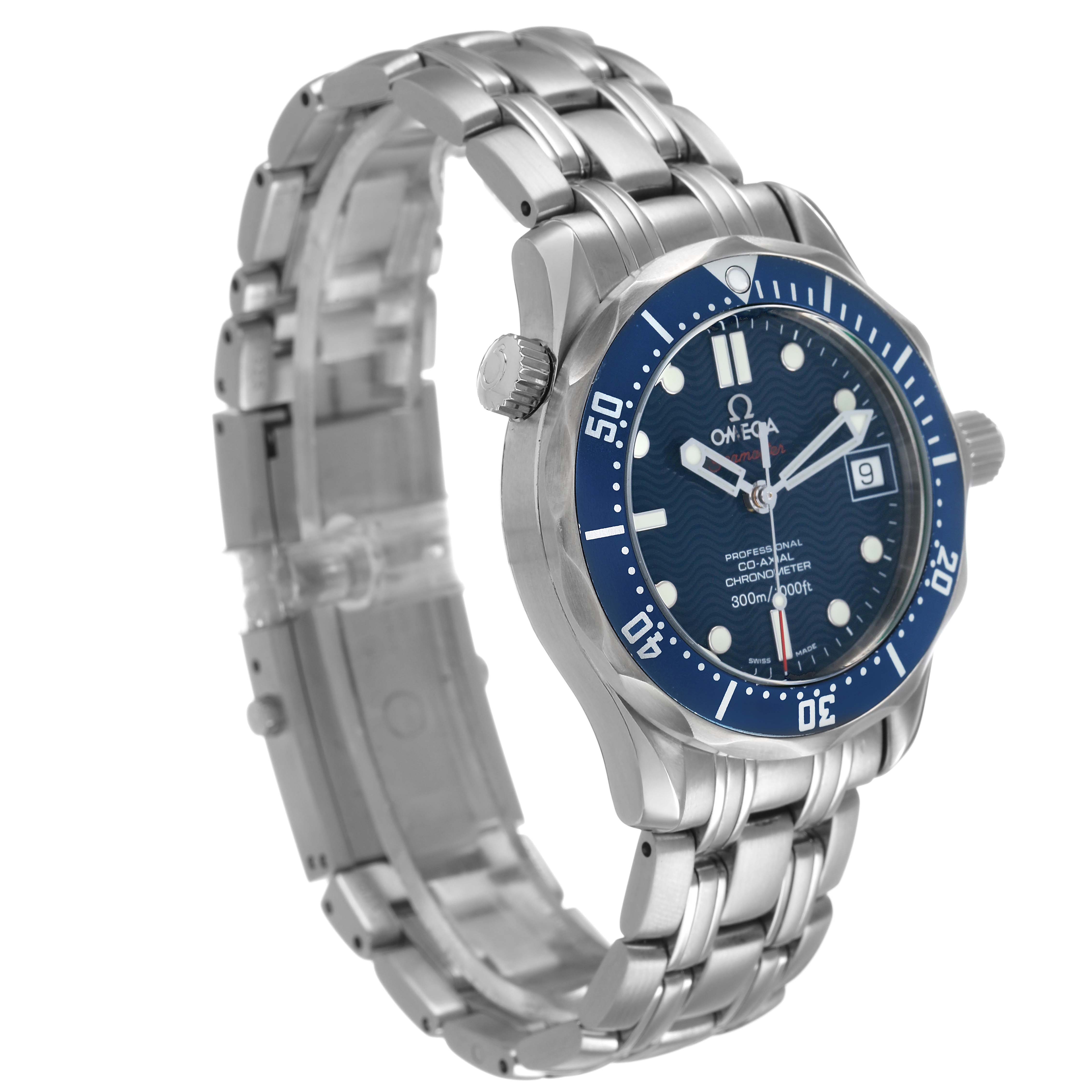 The Omega Seamaster 2222.80.00 Men's Stainless Steel Blue Dial watch is shown at a slight angle, displaying the bracelet, case, bezel, and face.