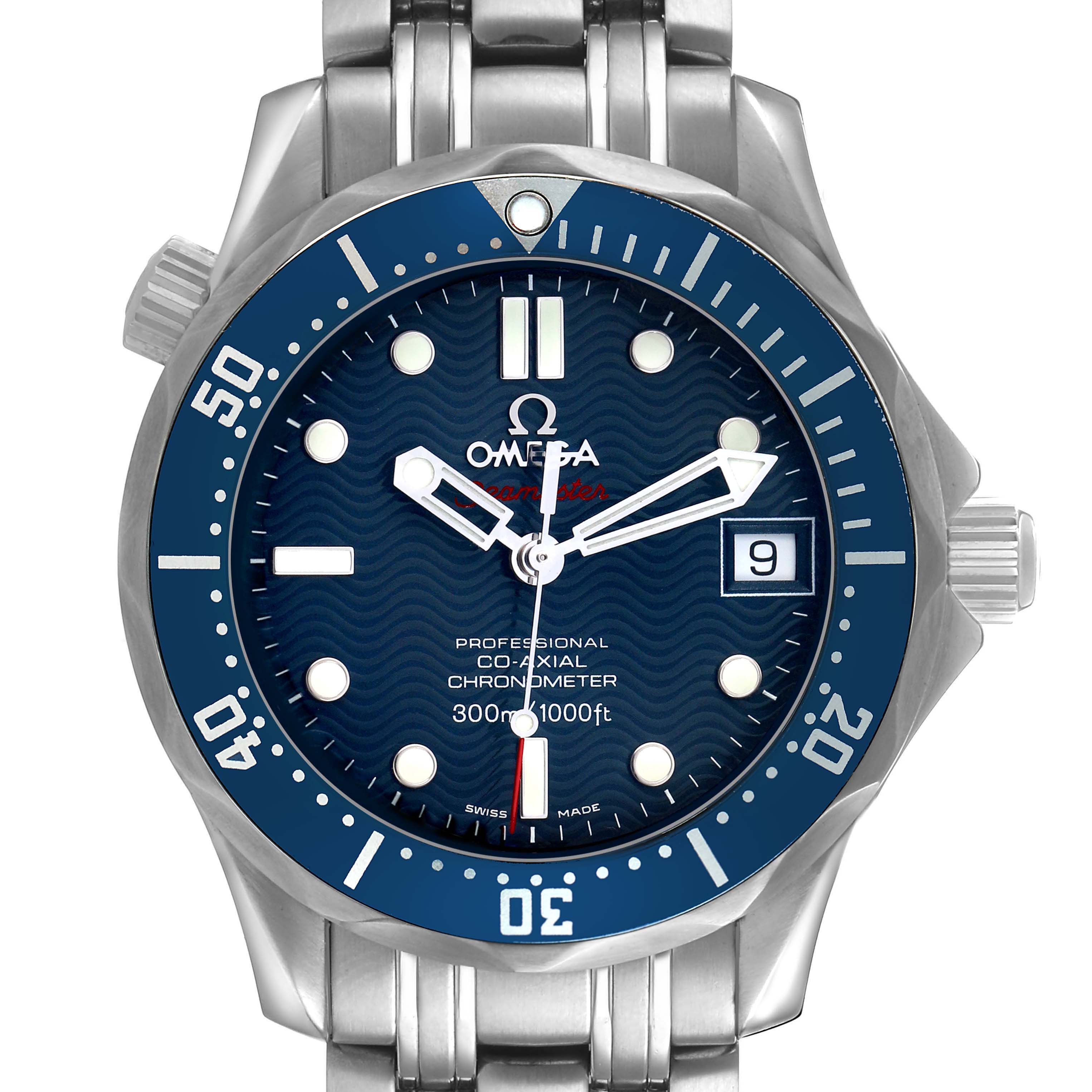 The Omega Seamaster 2222.80.00 Men's Stainless Steel Blue Dial watch is shown from a front angle, highlighting the face, bezel, and bracelet.