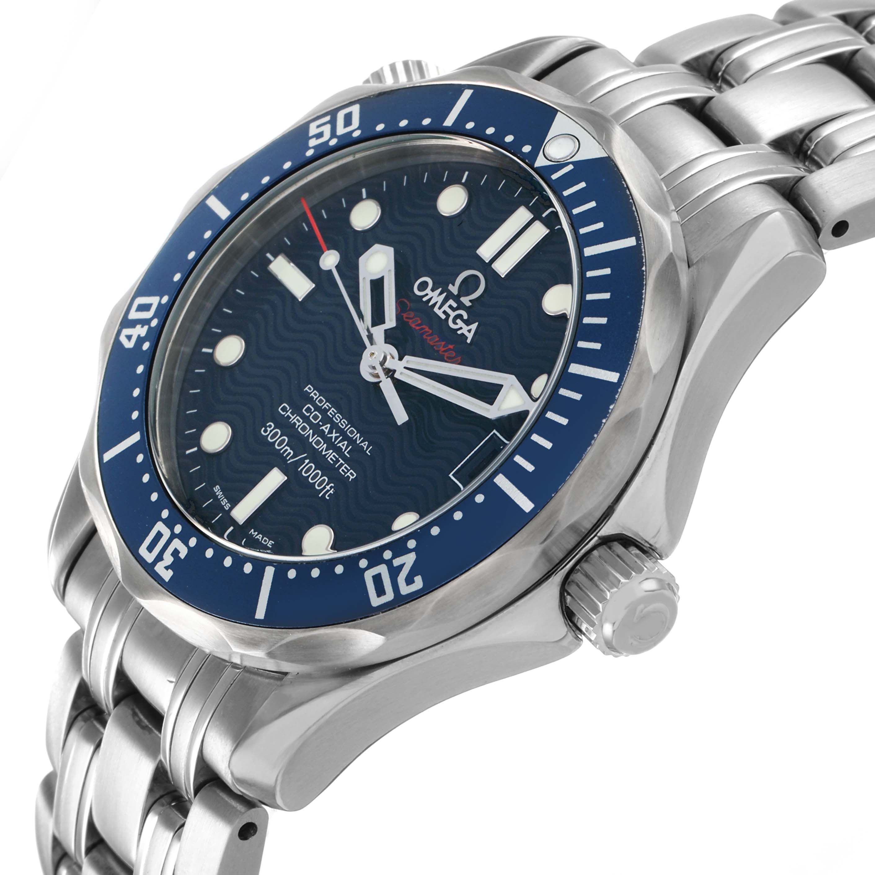 The Omega Seamaster 2222.80.00 Men's Stainless Steel Blue Dial watch is shown from an angled side view, highlighting the bezel, face, crown, and bracelet.