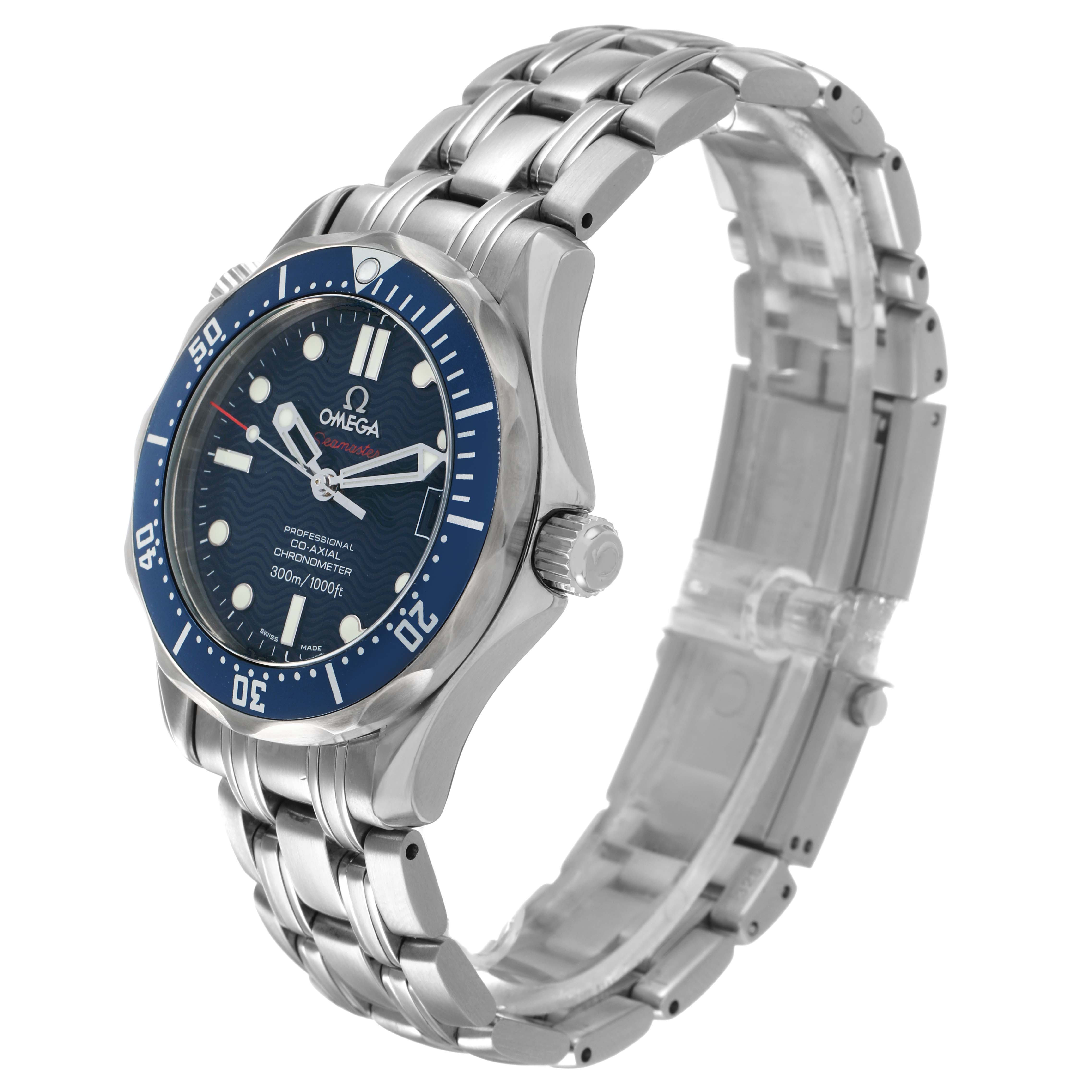 The Omega Seamaster 2222.80.00 Men's Stainless Steel Blue Dial watch is shown at a three-quarter angle, highlighting the face, bezel, and metal bracelet.