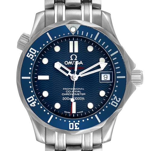 The Omega Seamaster 2222.80.00 Men's Stainless Steel Blue Dial watch is shown from a front angle, displaying the dial, bezel, and bracelet.