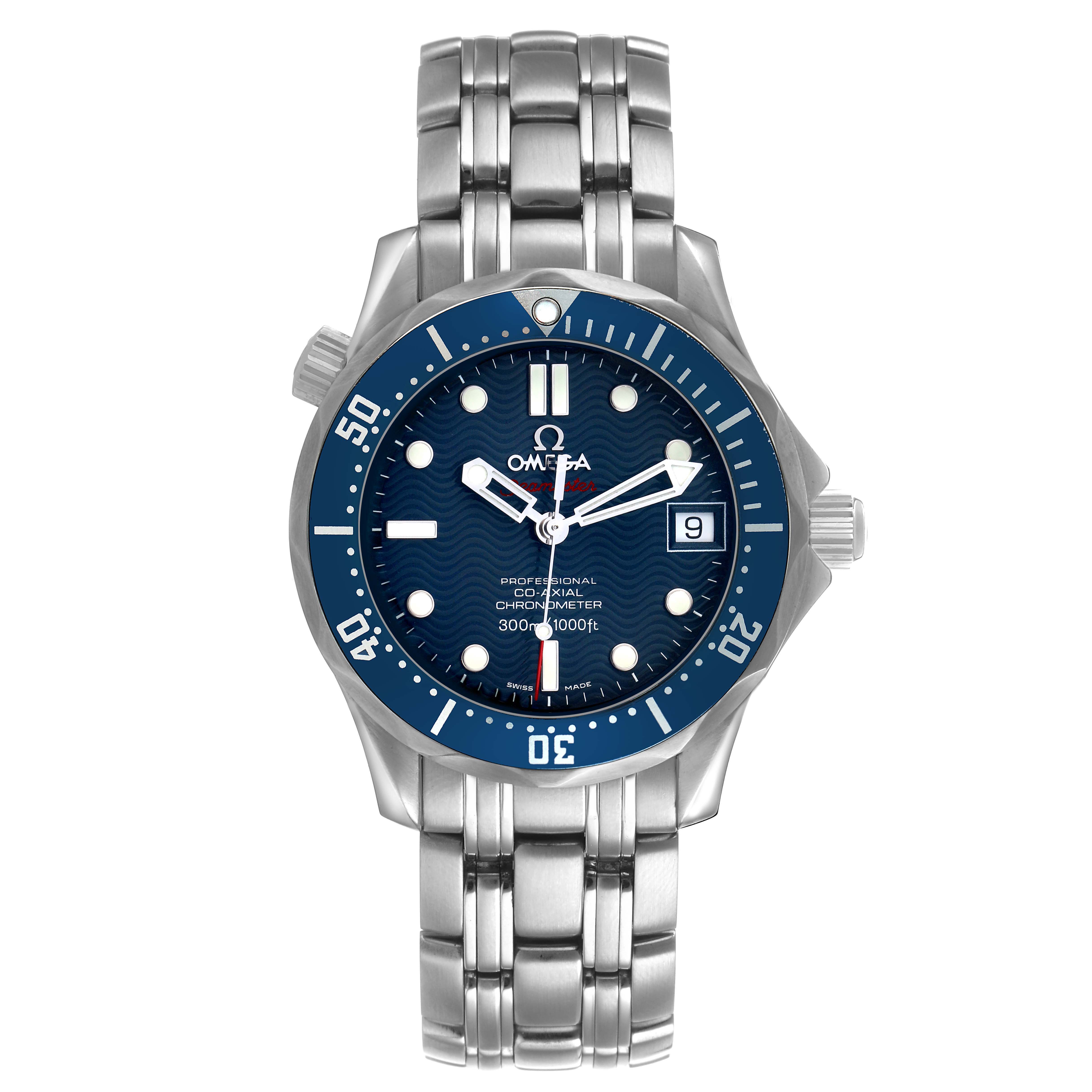 The image shows a frontal view of an Omega Seamaster 2222.80.00 Men's Stainless Steel Blue Dial, highlighting the dial, bezel, hands, and bracelet.