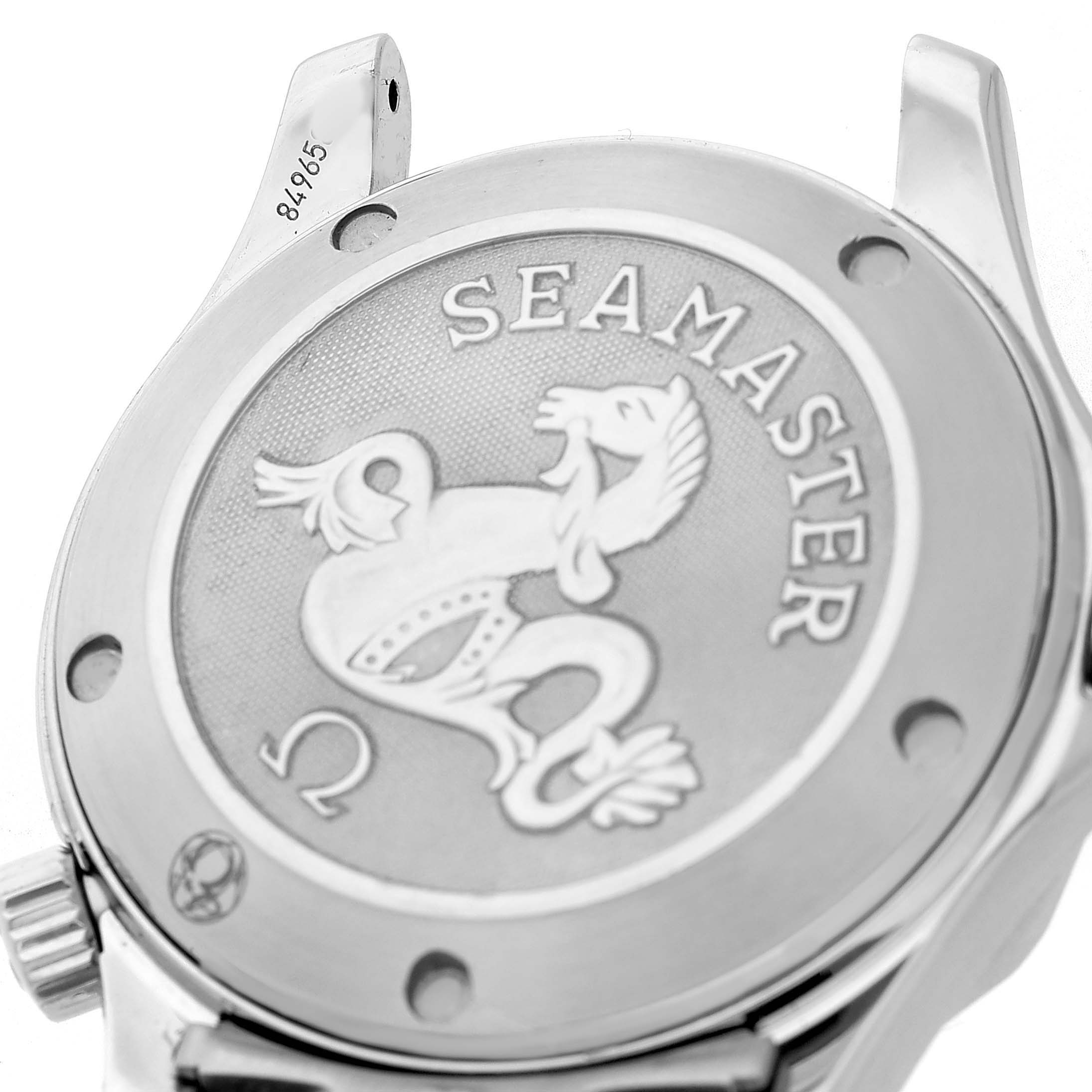 The image shows the case back of an Omega Seamaster 2222.80.00 Men's Stainless Steel Blue Dial watch, highlighting the engraved emblem and text.