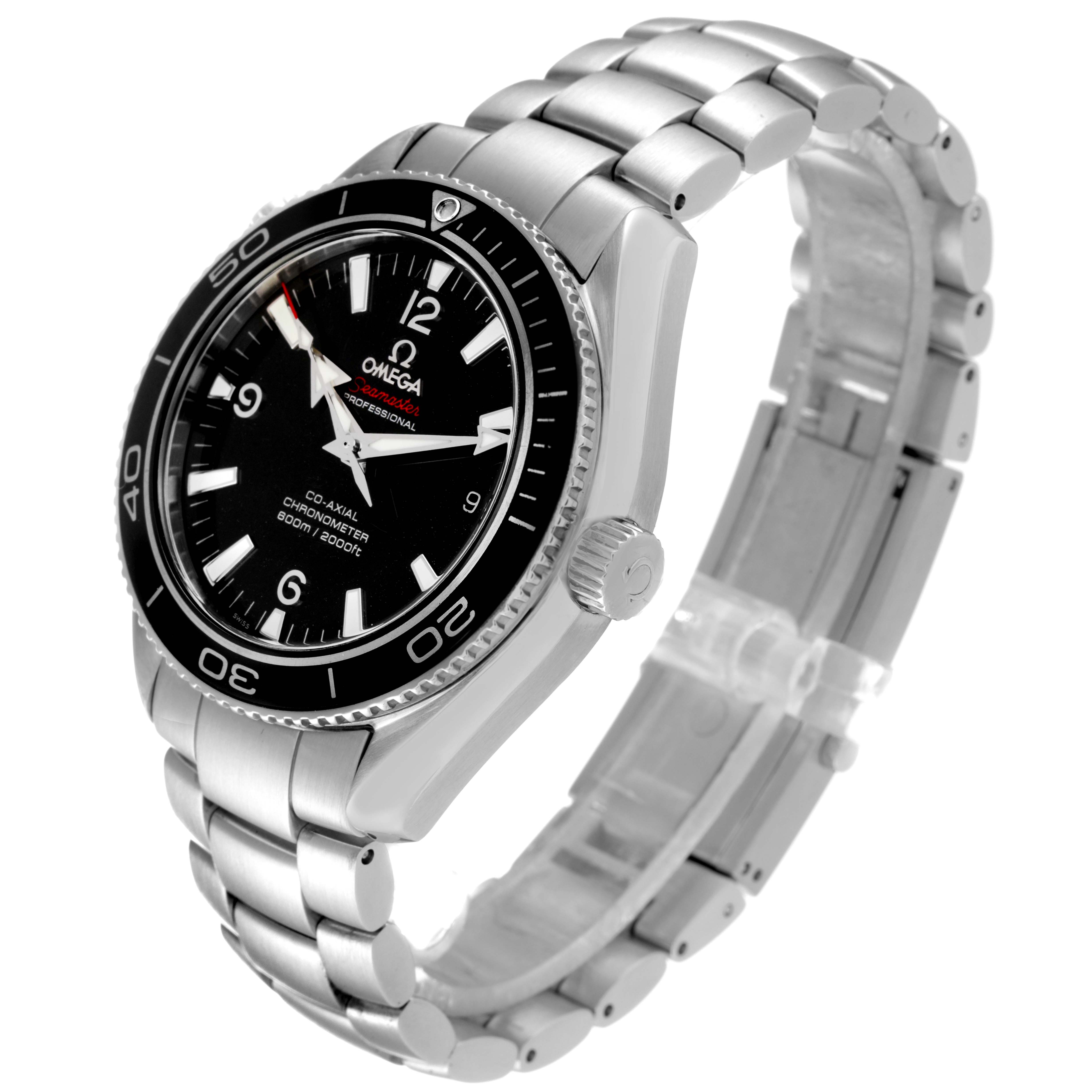 The image shows a side angle of the Omega Planet Ocean 222.30.42.20.01.001 Men's Stainless Steel Black Dial 222.30.42.20.01.001 Men's Stainless Steel Black Dial watch, displaying the face, bezel, crown, and stainless steel bracelet.