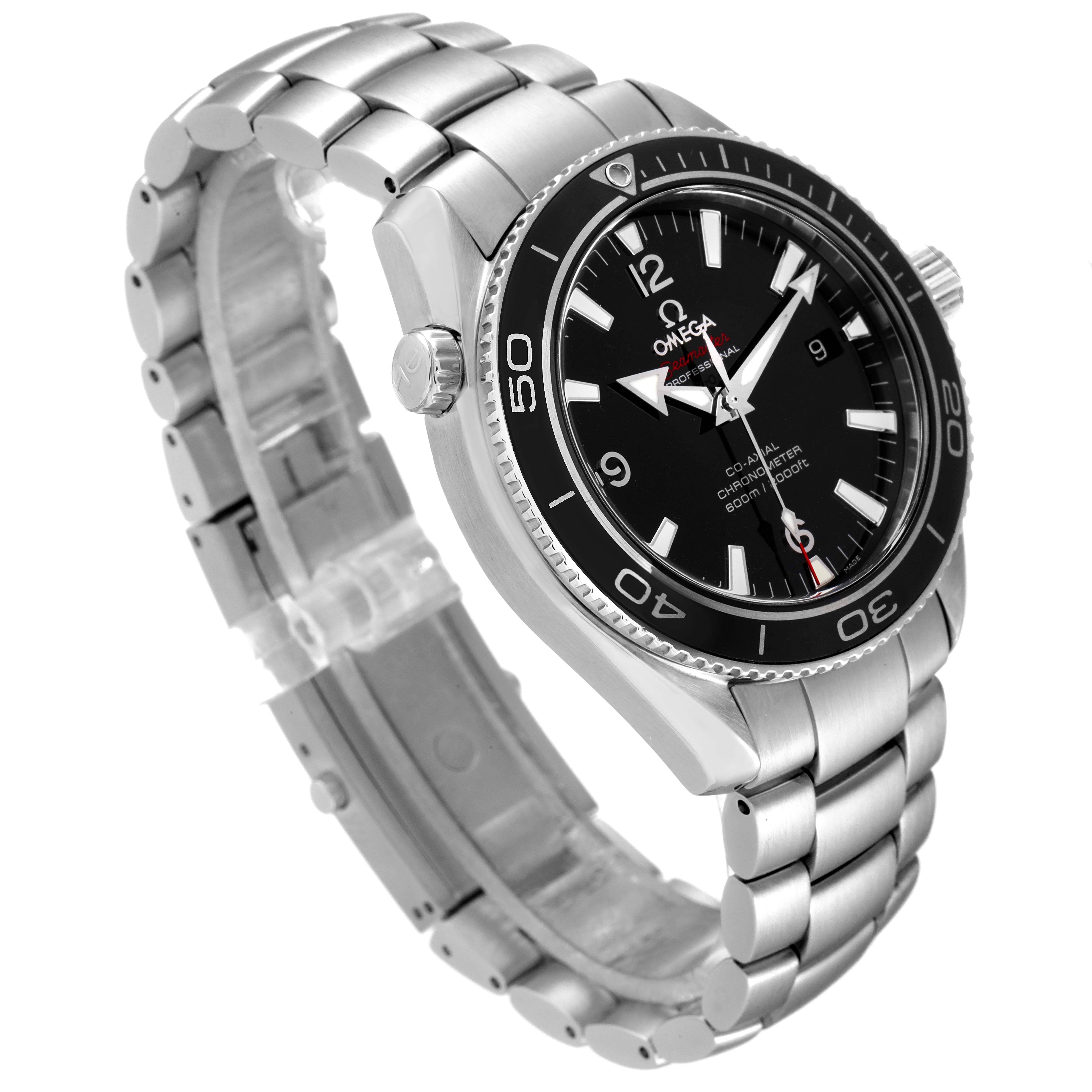 The image shows the Omega Planet Ocean 222.30.42.20.01.001 Men's Stainless Steel Black Dial 222.30.42.20.01.001 Men's Stainless Steel Black Dial watch at an angle, displaying its face, bezel, crown, and metal bracelet.