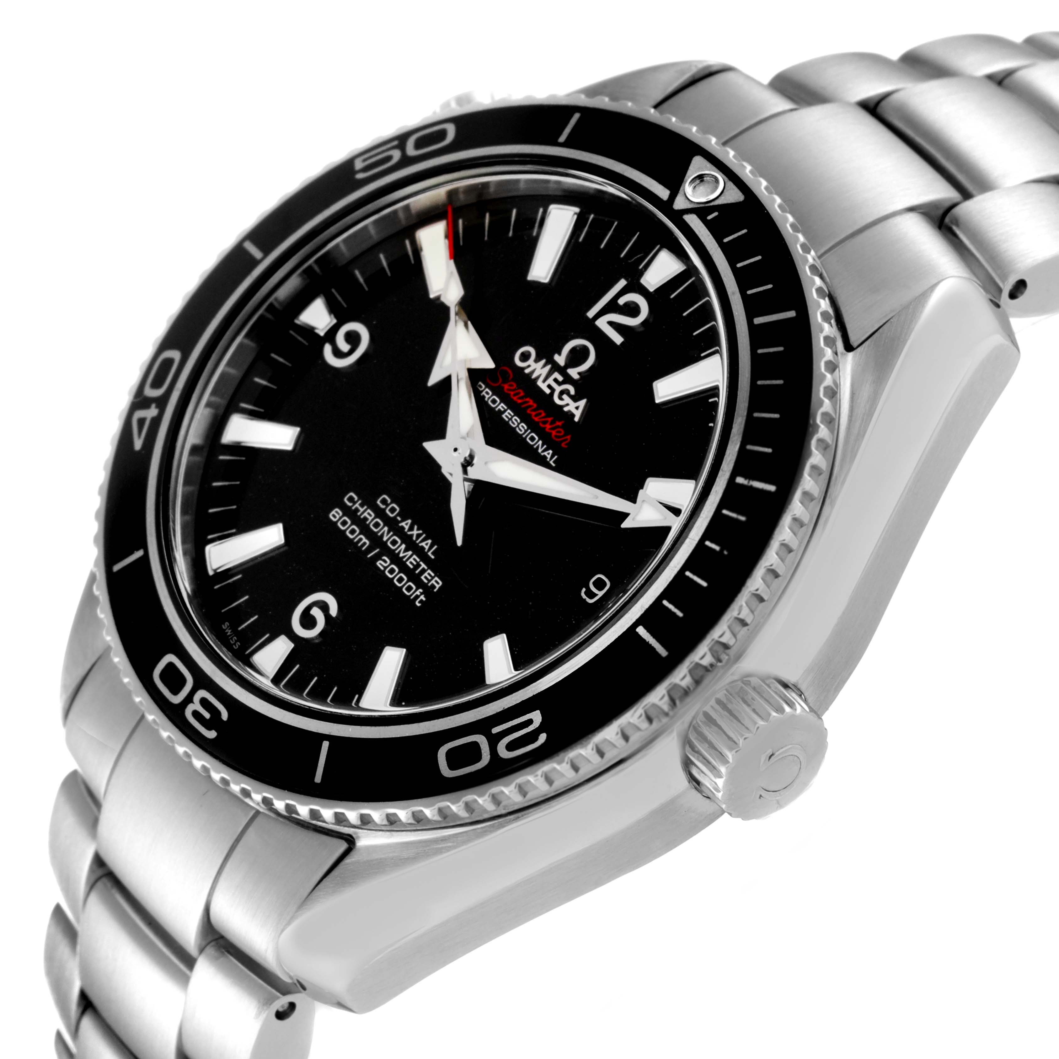 The Omega Planet Ocean 222.30.42.20.01.001 Men's Stainless Steel Black Dial 222.30.42.20.01.001 Men's Stainless Steel Black Dial watch is shown at an angled side view, displaying the dial, bezel, crown, and bracelet.