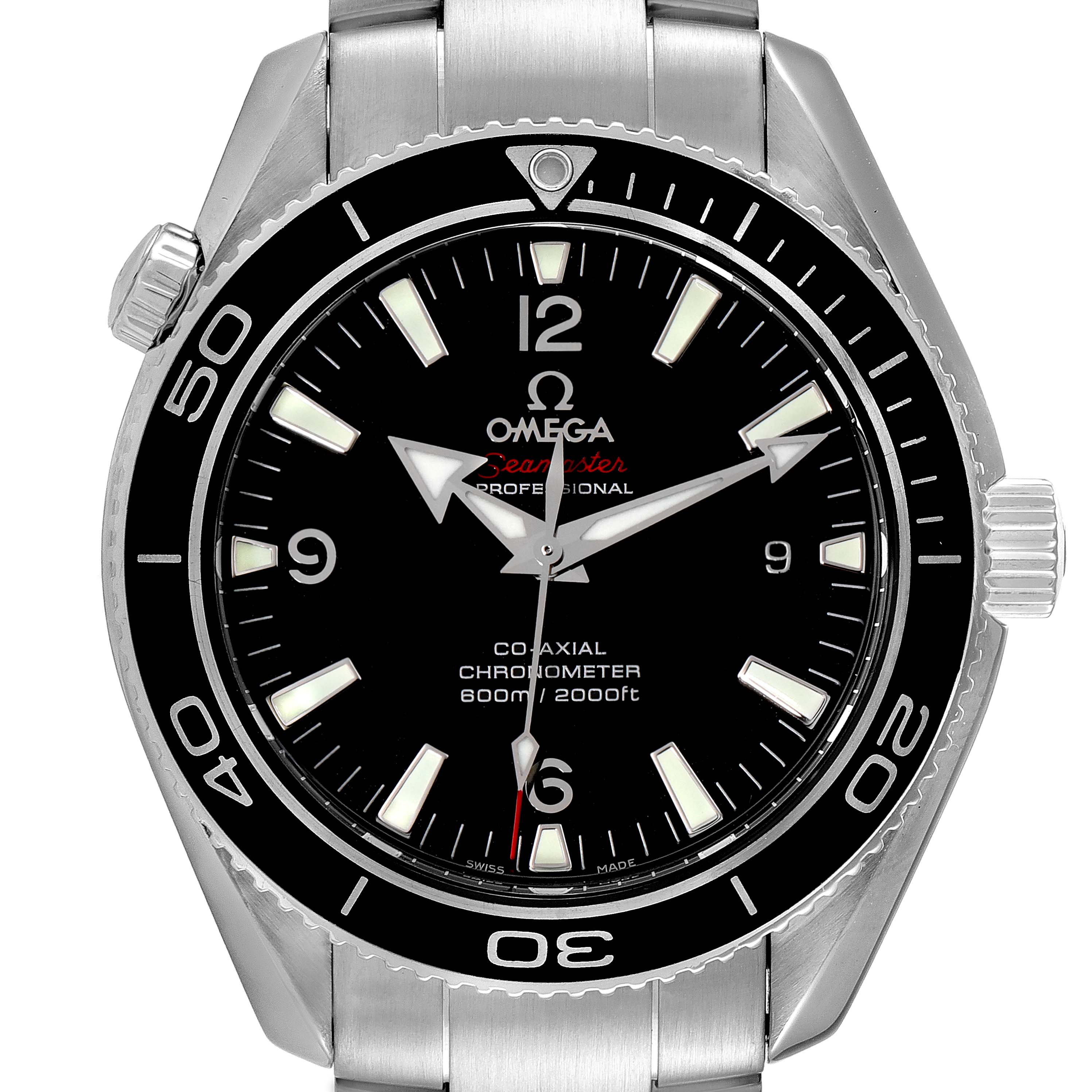 The image shows a front view of the Omega Planet Ocean 222.30.42.20.01.001 Men's Stainless Steel Black Dial 222.30.42.20.01.001 Men's Stainless Steel Black Dial watch, highlighting the dial, bezel, and part of the bracelet.