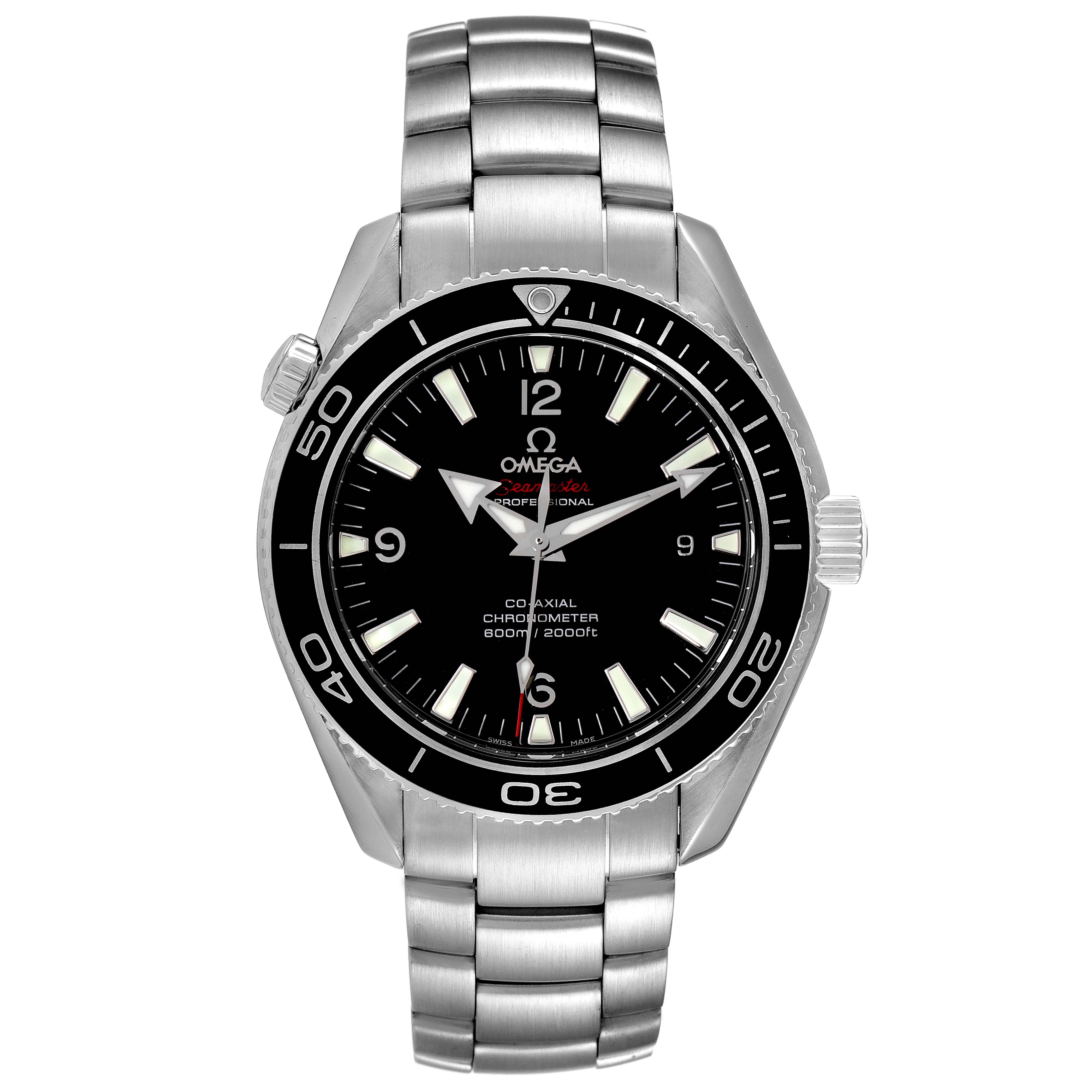 The image shows a front view of the Omega Planet Ocean 222.30.42.20.01.001 Men's Stainless Steel Black Dial 222.30.42.20.01.001 Men's Stainless Steel Black Dial watch, displaying its face, bezel, and bracelet.