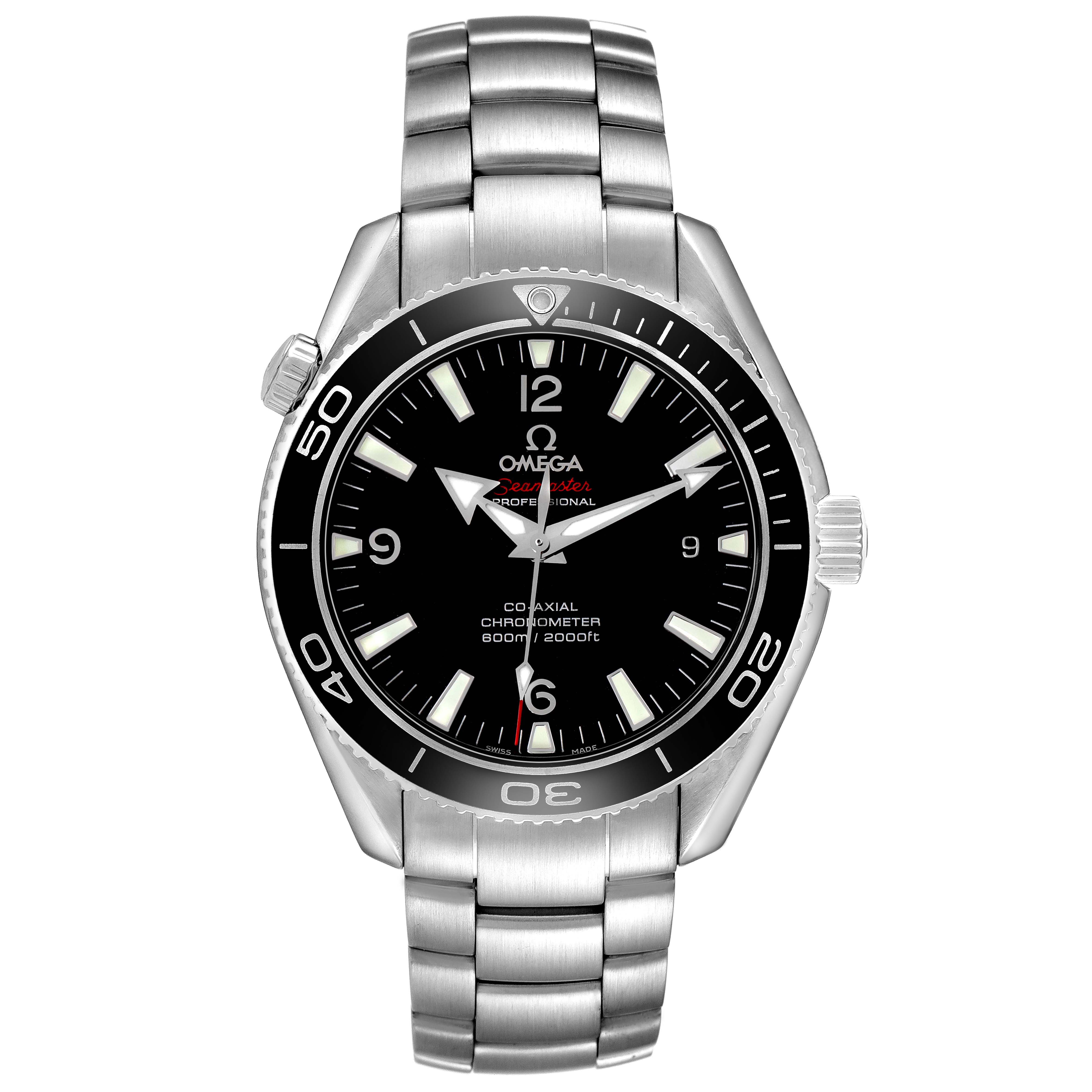 The Omega Planet Ocean 222.30.42.20.01.001 Men's Stainless Steel Black Dial watch is shown from the front, displaying its face, bezel, hands, and band.