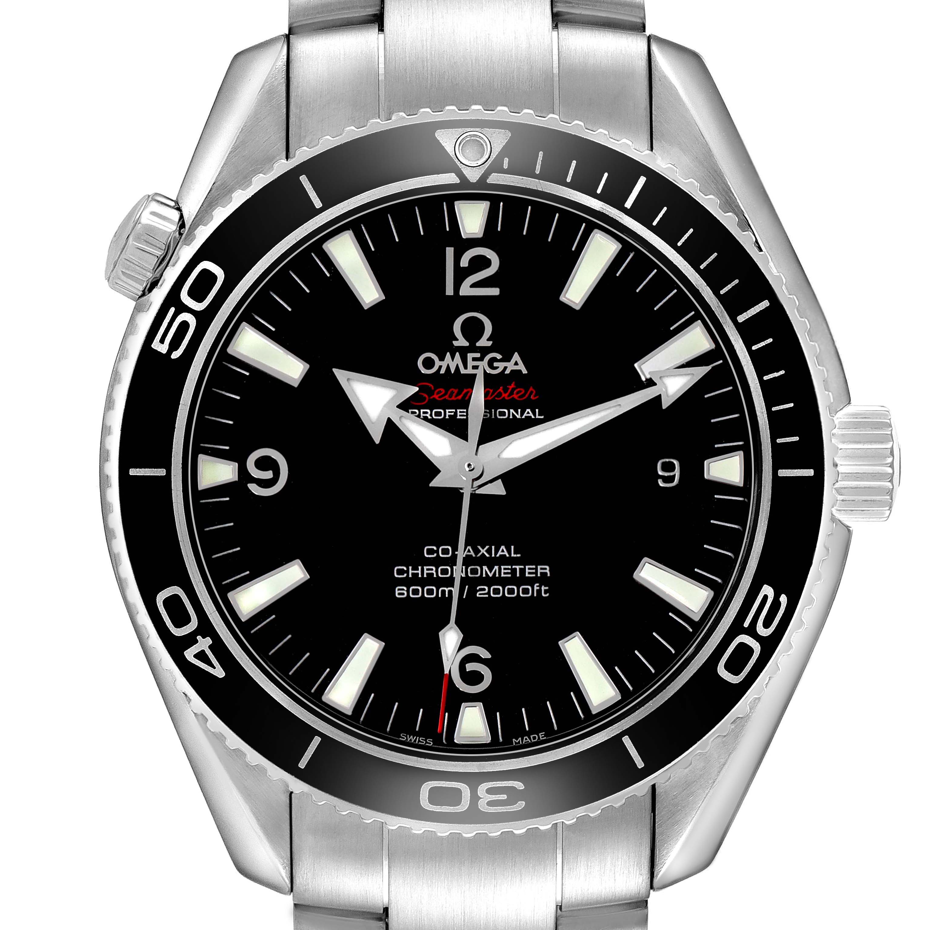 The Omega Planet Ocean 222.30.42.20.01.001 Men's Stainless Steel Black Dial watch is shown from a front angle, highlighting the face, bezel, and bracelet.