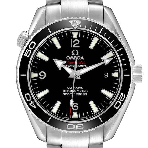 The Omega Planet Ocean 222.30.42.20.01.001 Men's Stainless Steel Black Dial watch is shown from a front angle, highlighting the dial, bezel, and part of the bracelet.