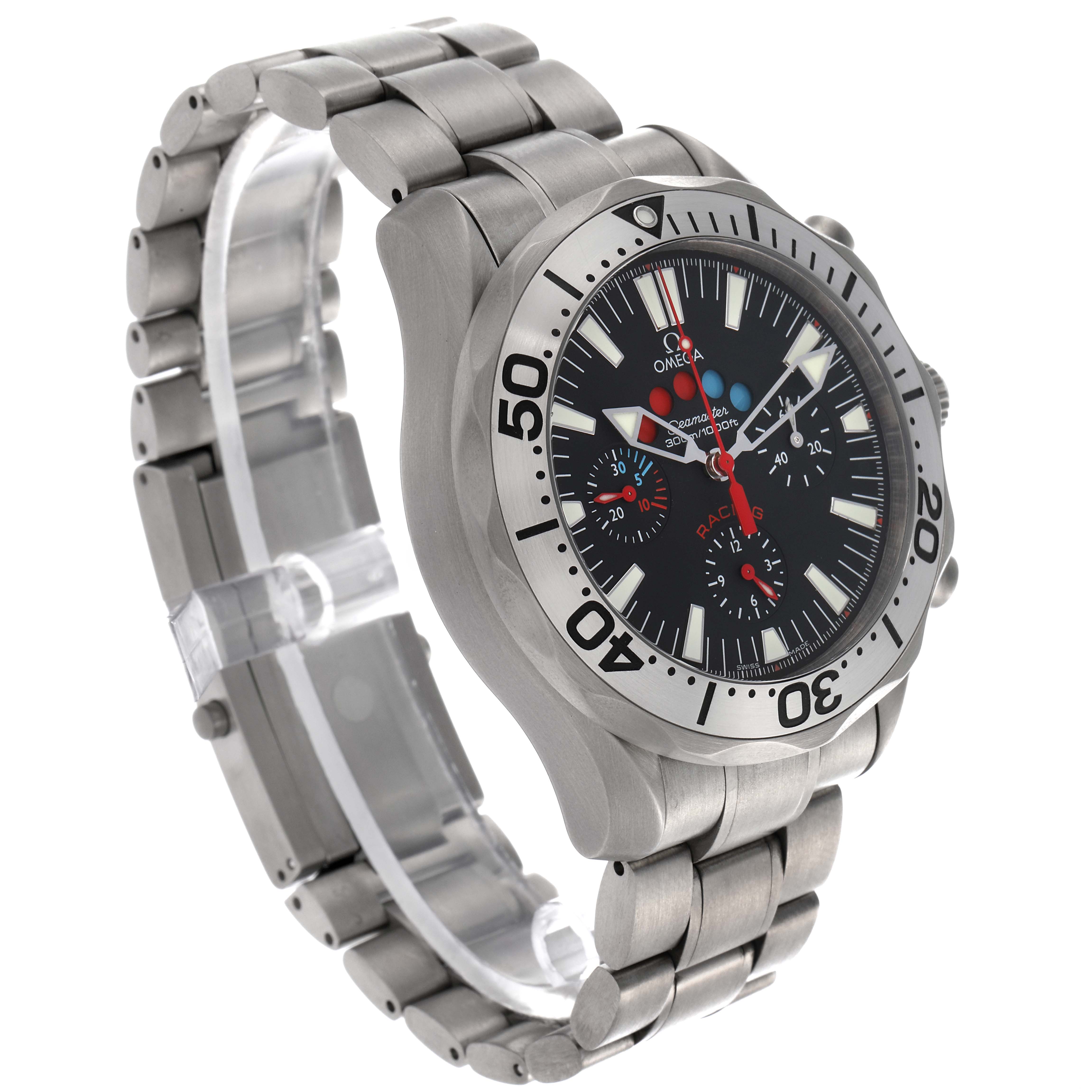 The Omega Seamaster 2269.52.00 Men's Titanium Black Dial 2269.52.00 Men's Titanium Black Dial watch is shown from a three-quarter angle, highlighting the case, bezel, dial, and bracelet.