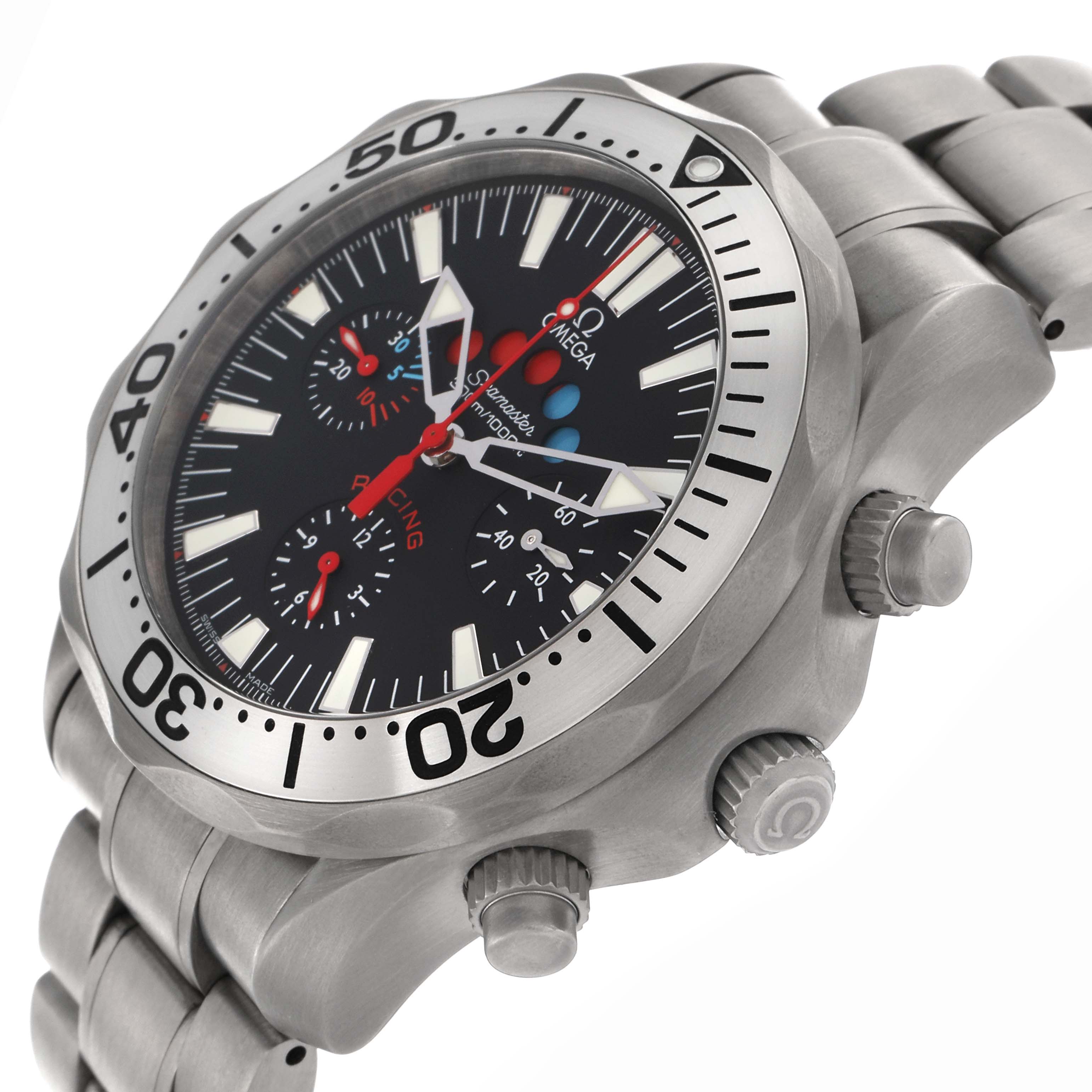 The Omega Seamaster 2269.52.00 Men's Titanium Black Dial 2269.52.00 Men's Titanium Black Dial watch is shown at a slight angle displaying the face, bezel, crown, and part of the bracelet.