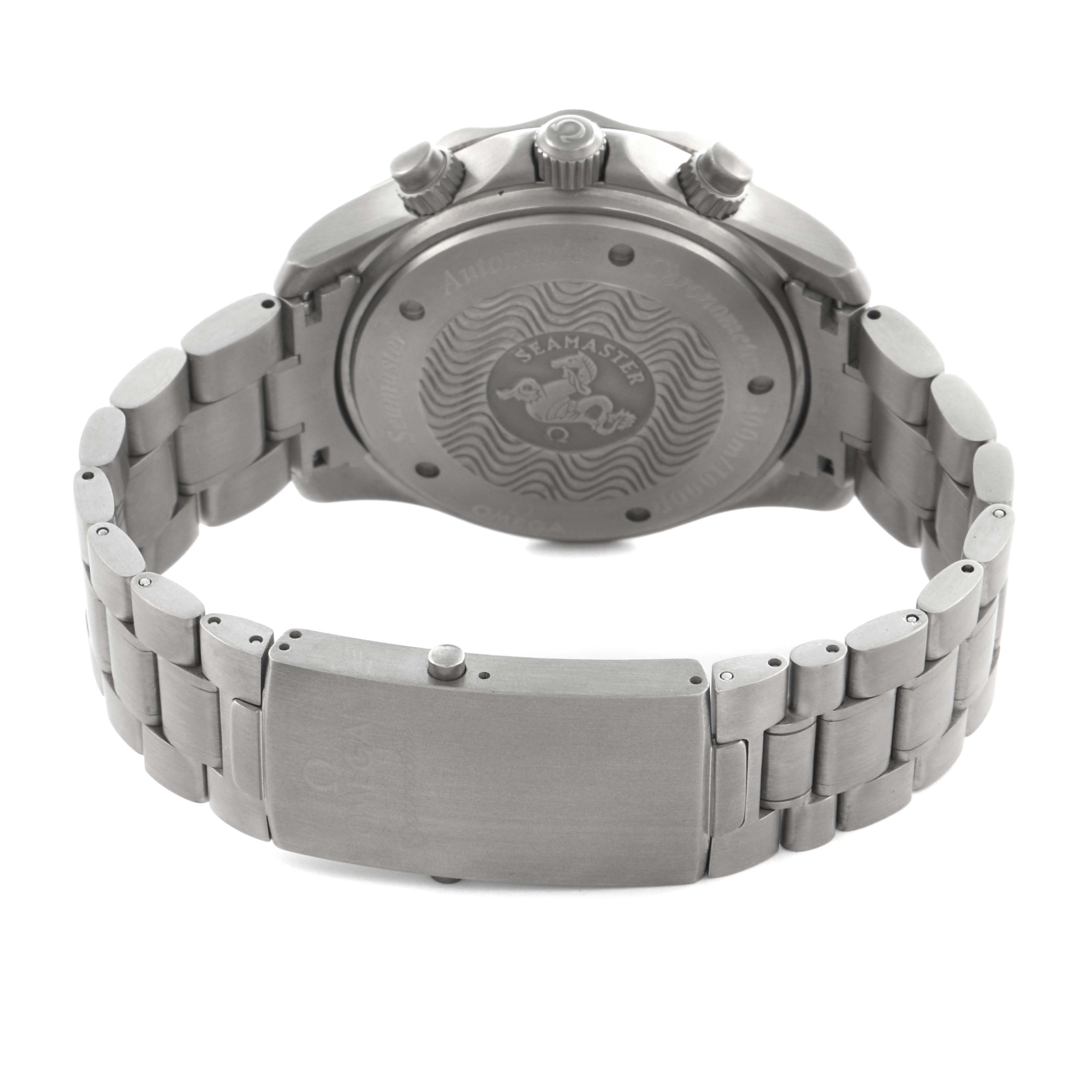 The Omega Seamaster 2269.52.00 Men's Titanium Black Dial 2269.52.00 Men's Titanium Black Dial watch is shown from the back, highlighting the case back, bracelet, and clasp.