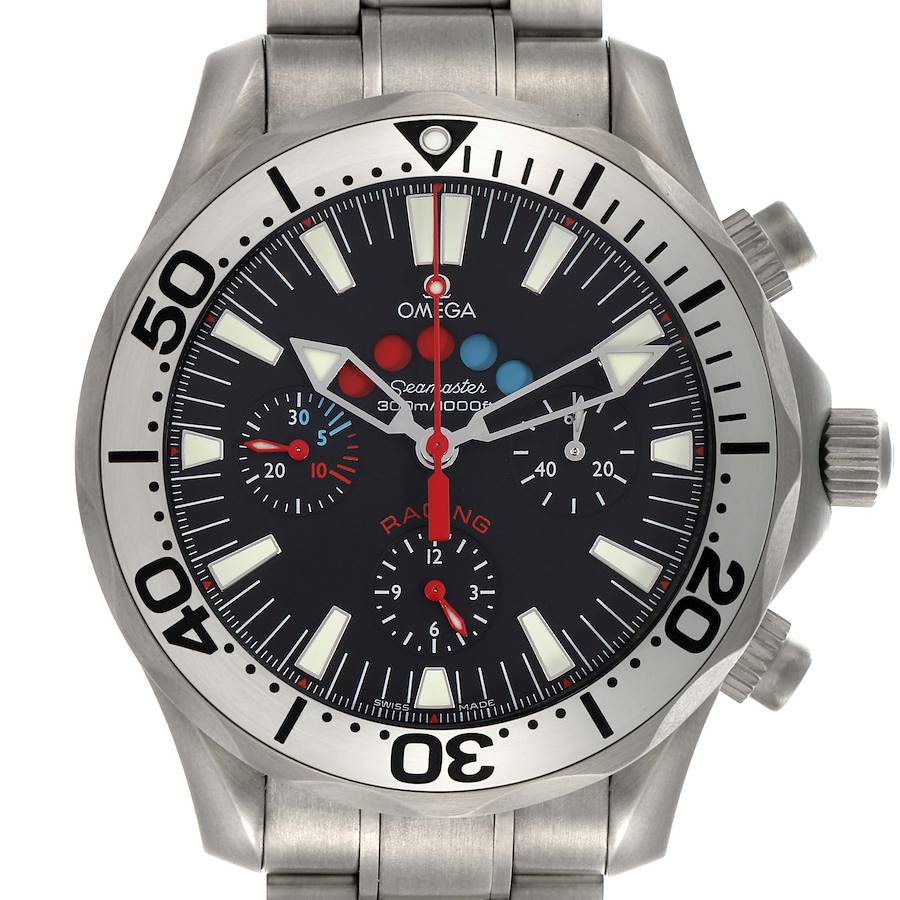 The Omega Seamaster is shown from the front, displaying its bezel, dial, subdials, and bracelet links.