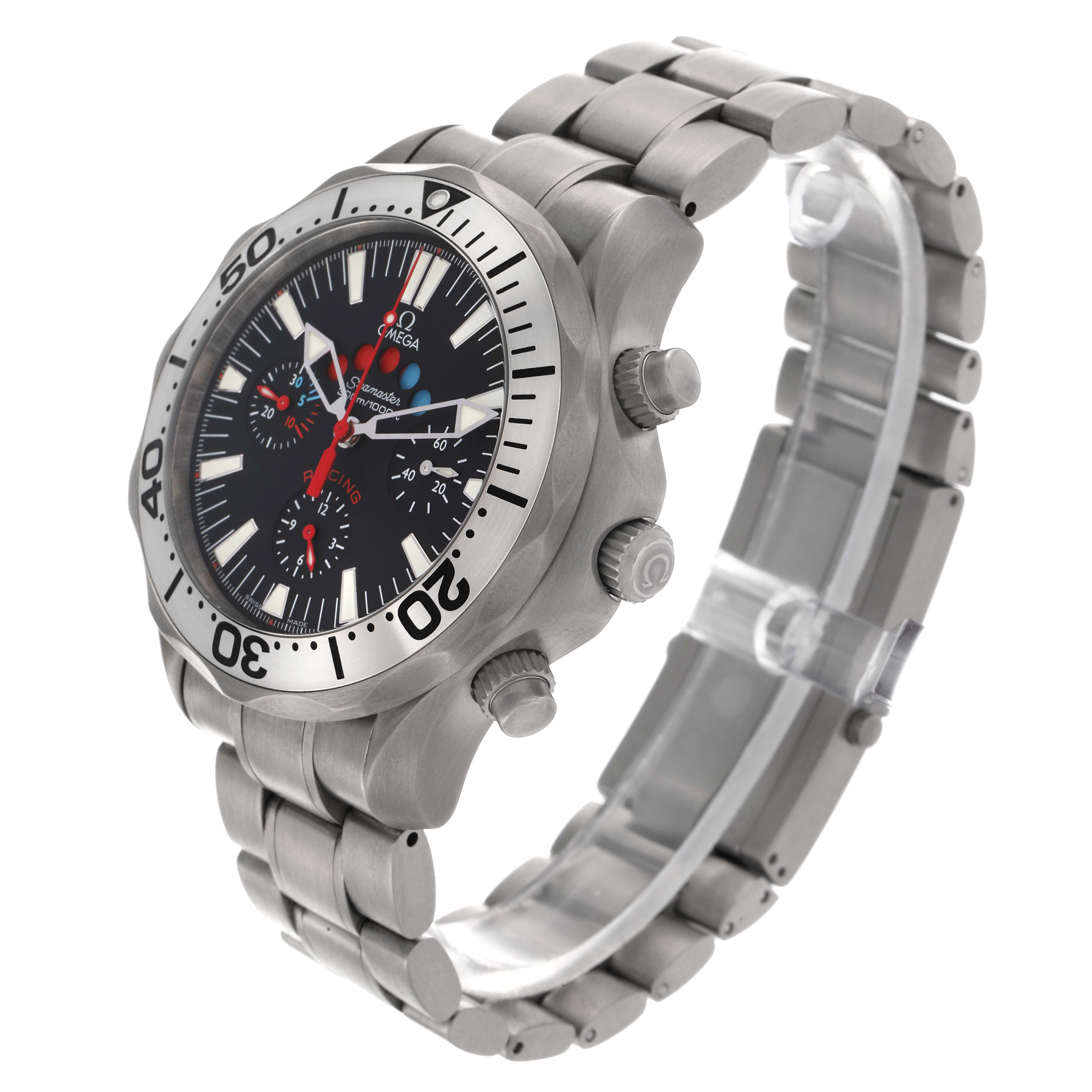 The Omega Seamaster 2269.52.00 Men's Titanium Black Dial 2269.52.00 Men's Titanium Black Dial watch is shown at a three-quarter angle, highlighting the face, bezel, pushers, and bracelet.